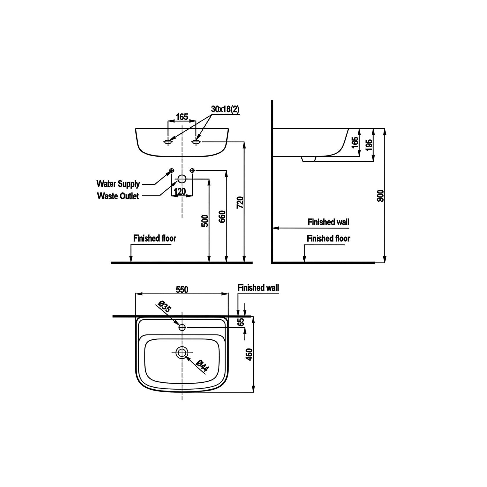 Loven 550 Wall Hung Basin - 1 Tap Hole - Overflow gallery detail image