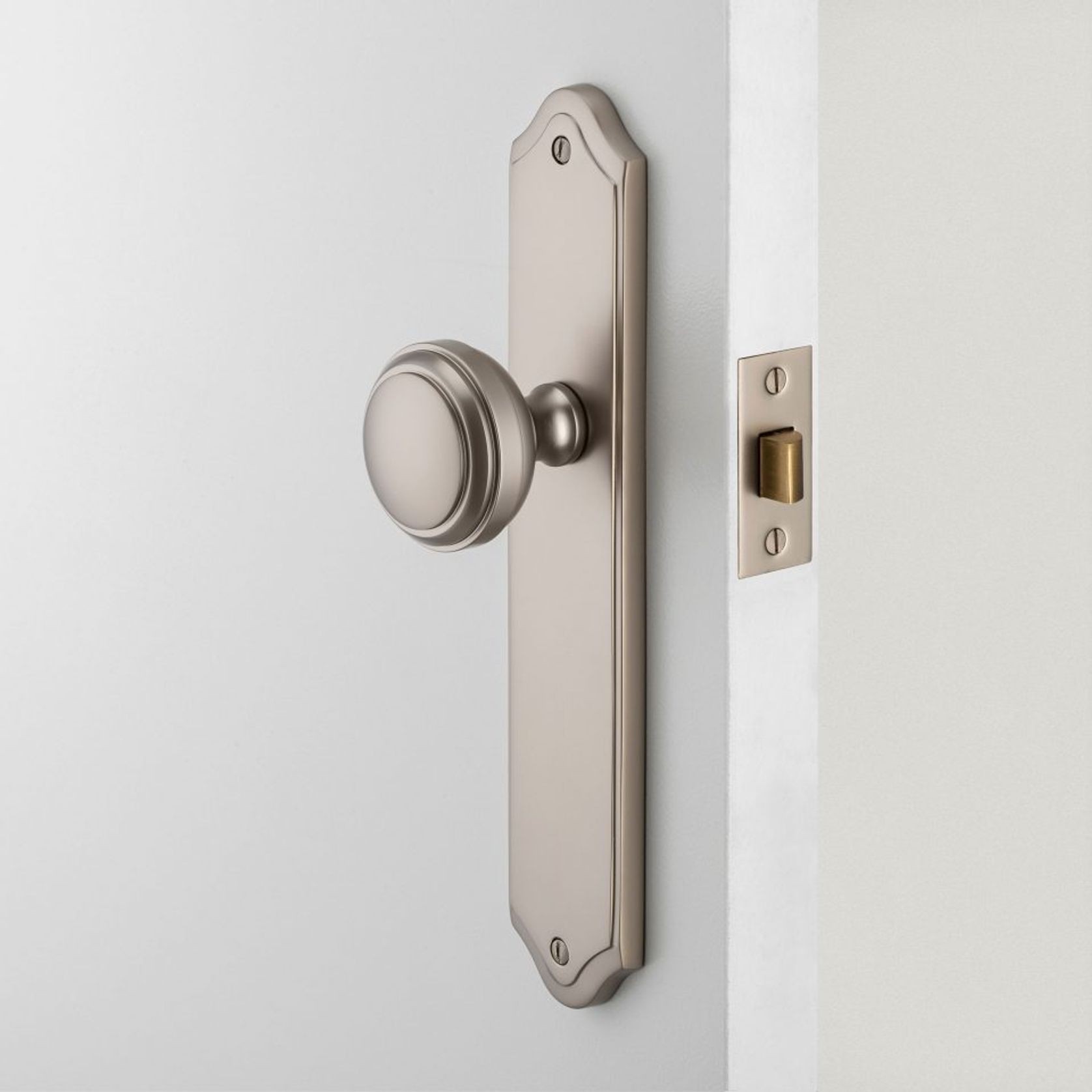 Iver Paddington Door Knob on Shouldered Backplate Privacy Satin Nickel 14826P85 gallery detail image