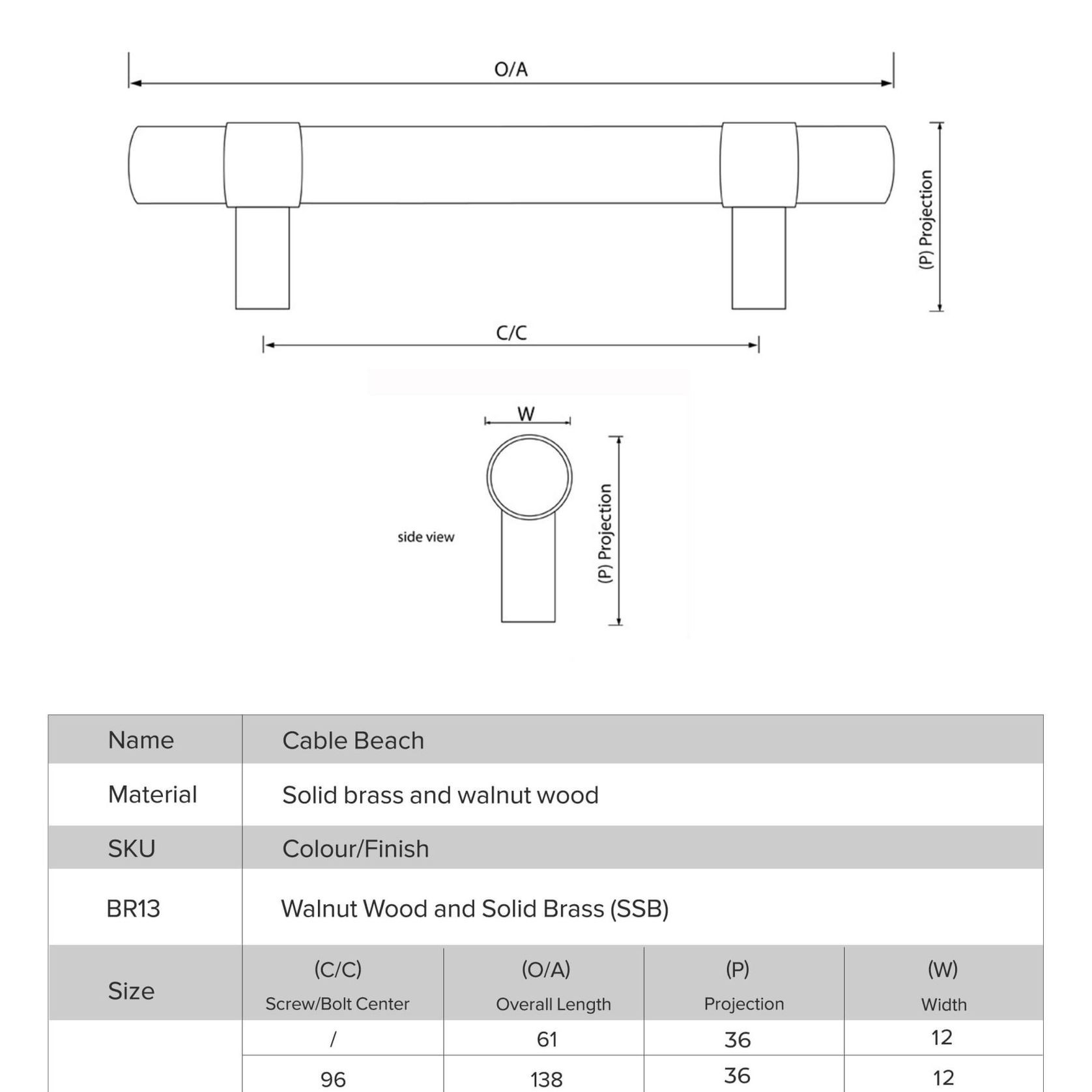 kitchen drawer handles walnut wood solid brass Cable Beach gallery detail image