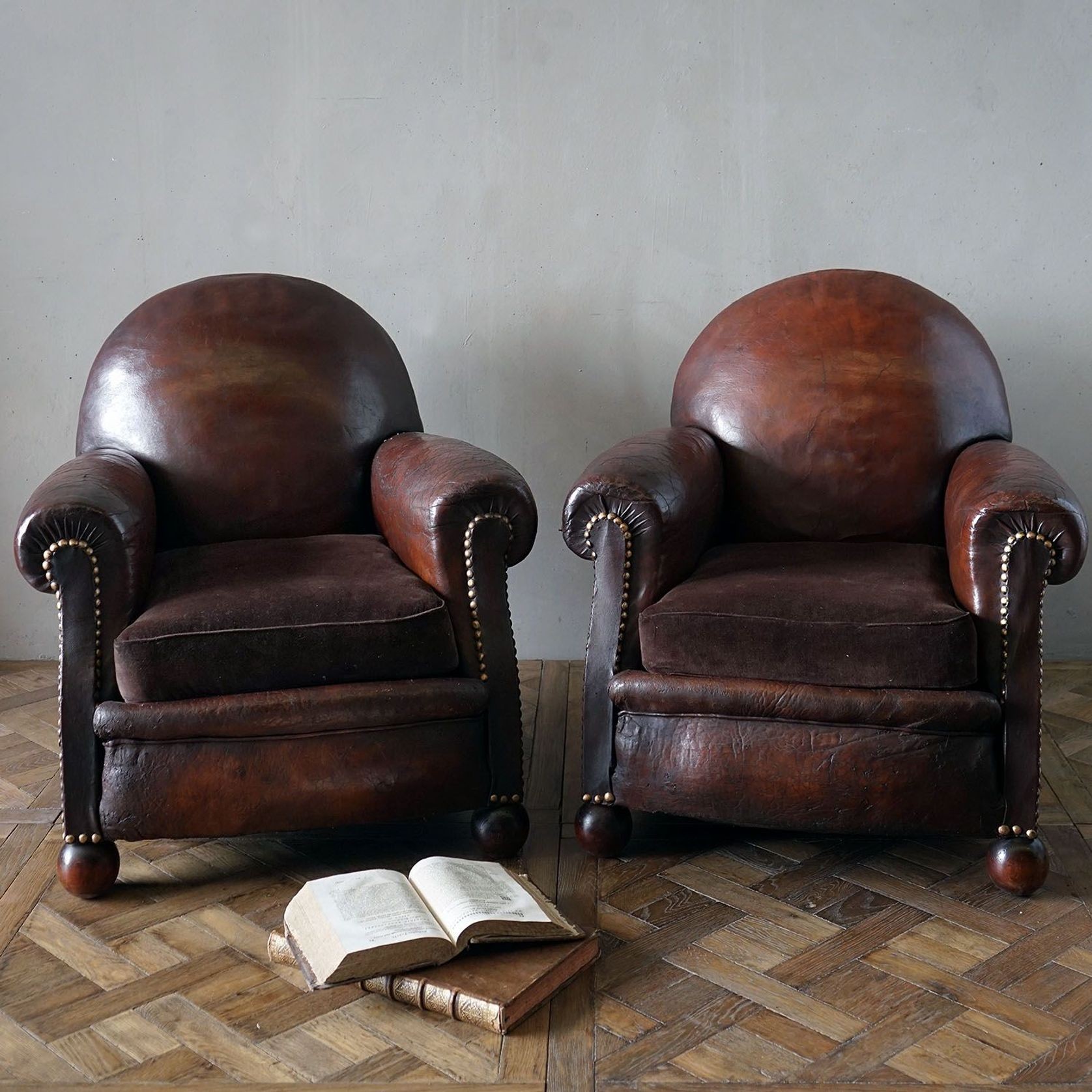 Vintage French Leather Club Chairs (Pair) gallery detail image