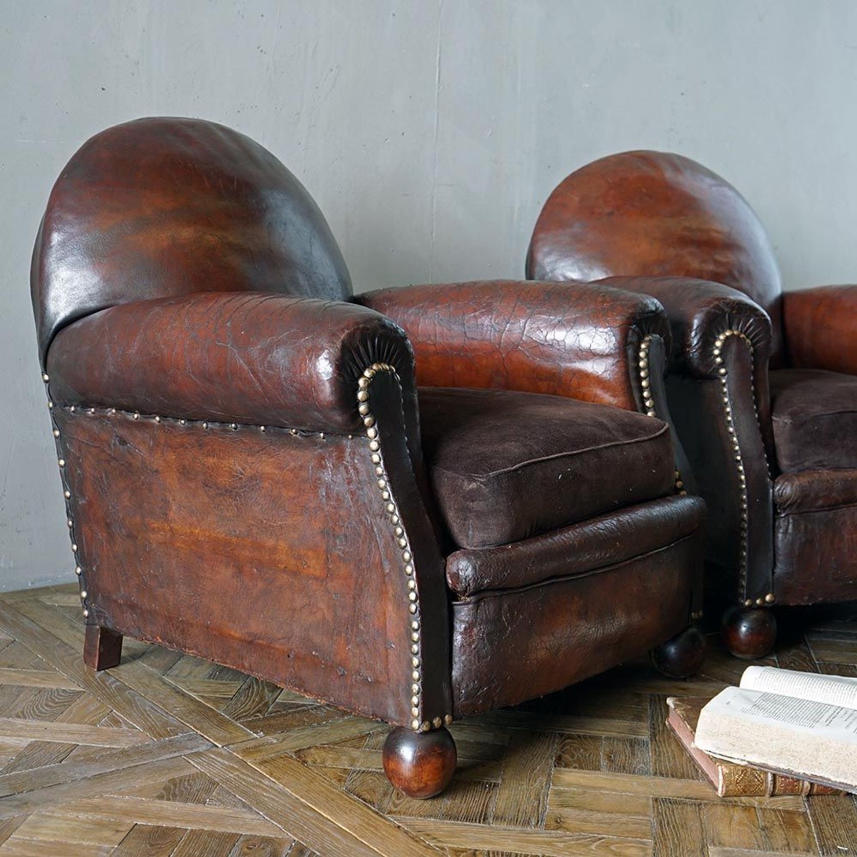 Vintage French Leather Club Chairs (Pair) gallery detail image