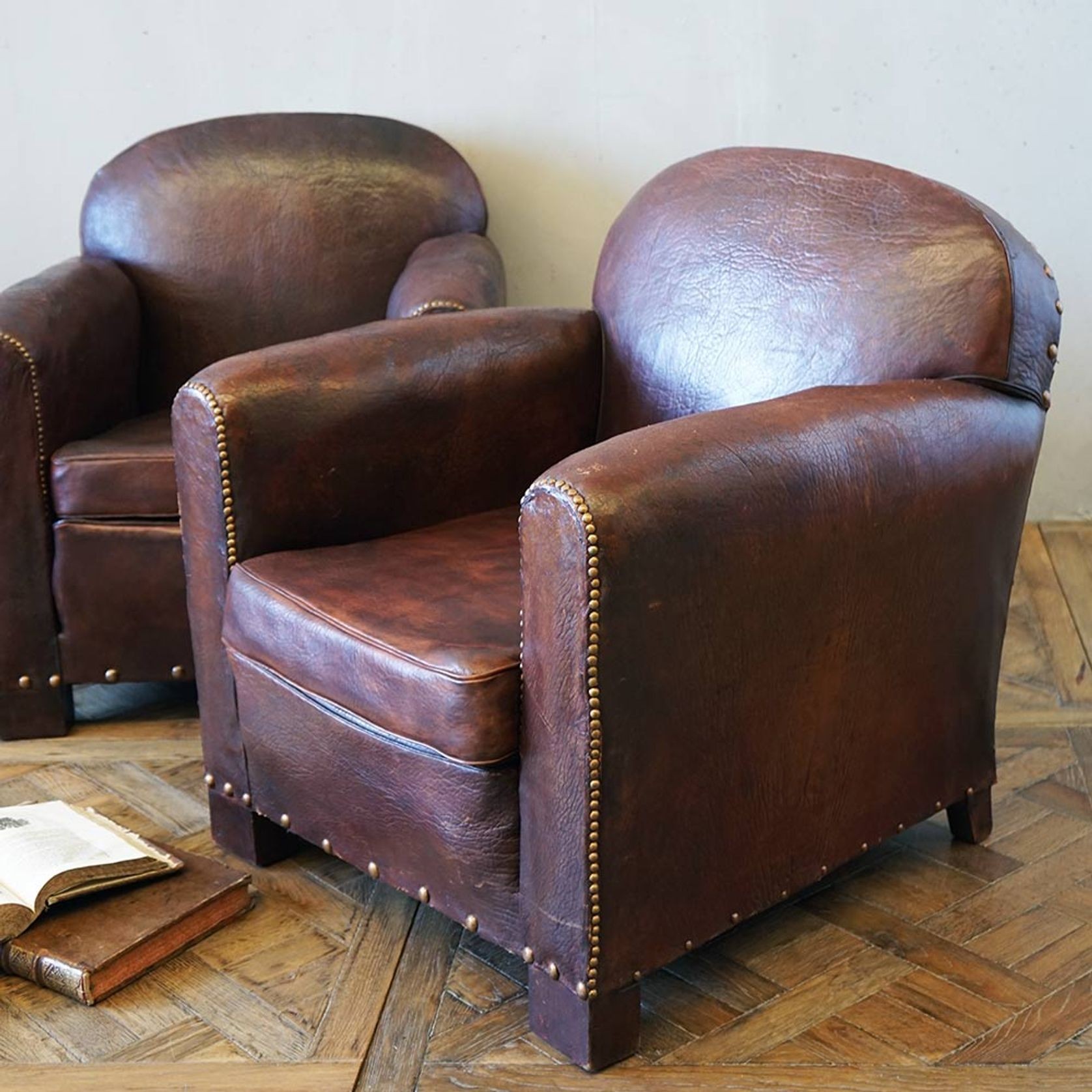 Vintage French Leather Club Chairs (Pair) gallery detail image