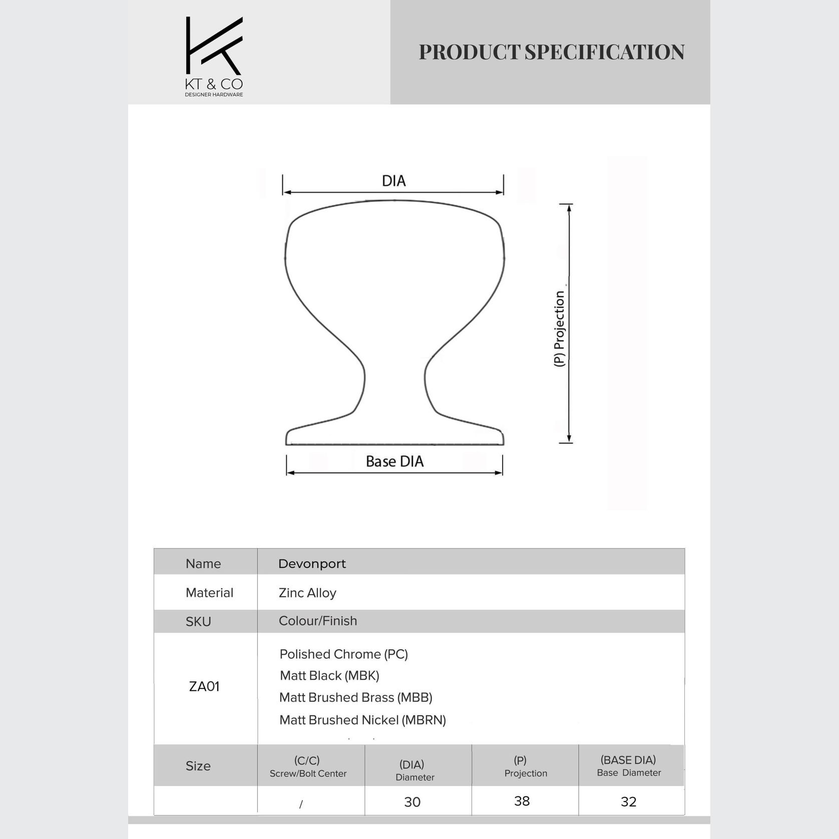 KT&CO Kitchen knobs Devonport Matt black / brushed brass /Brushed nickel /Chrom gallery detail image