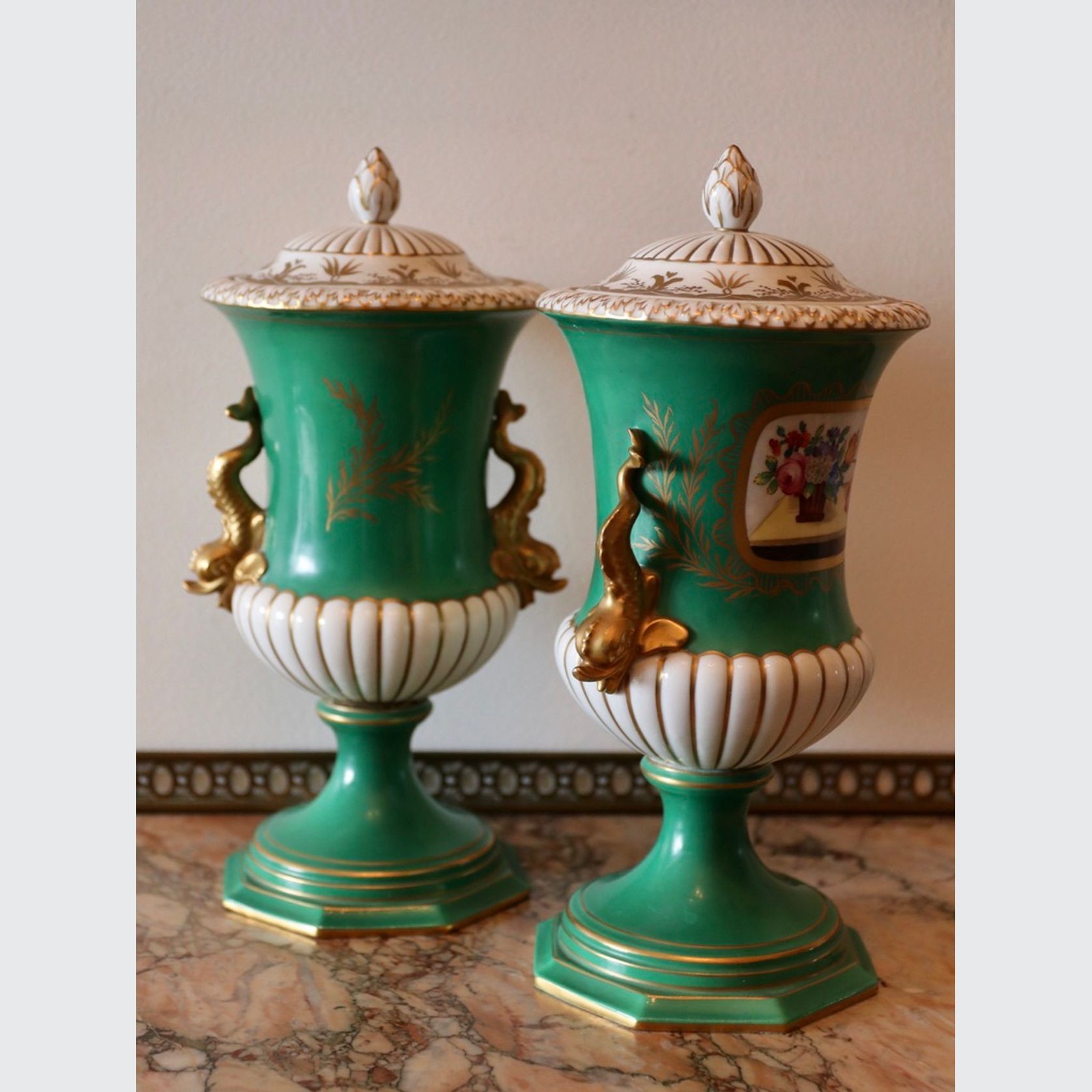 Pair of Antique German Dresden Porcelain Urns gallery detail image