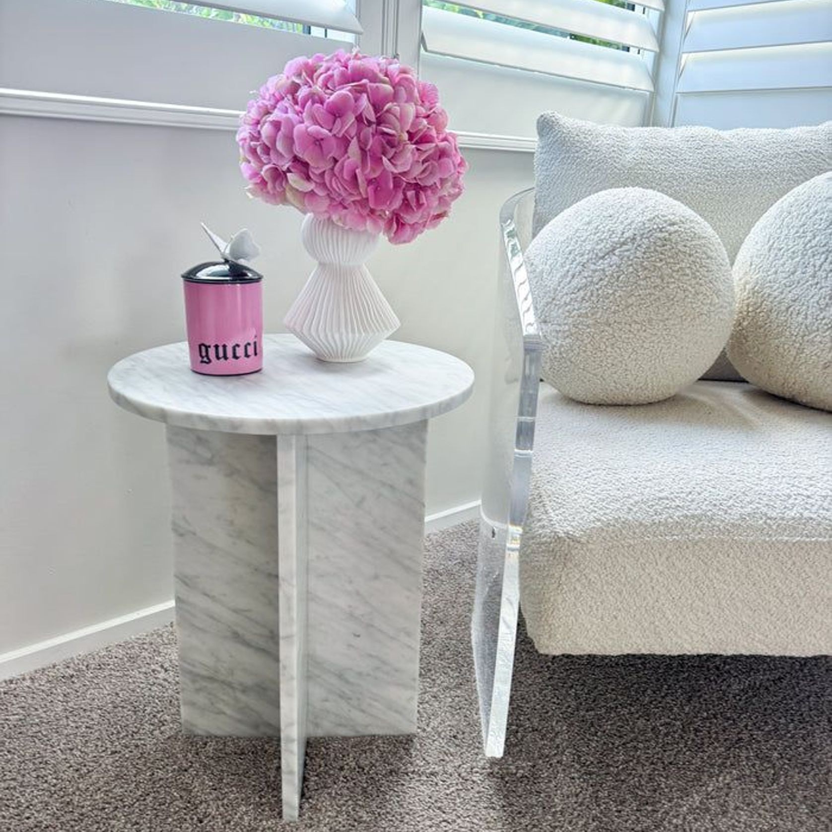 Round Cross Side Table - Carrara Marble | Natural Stone Co. gallery detail image