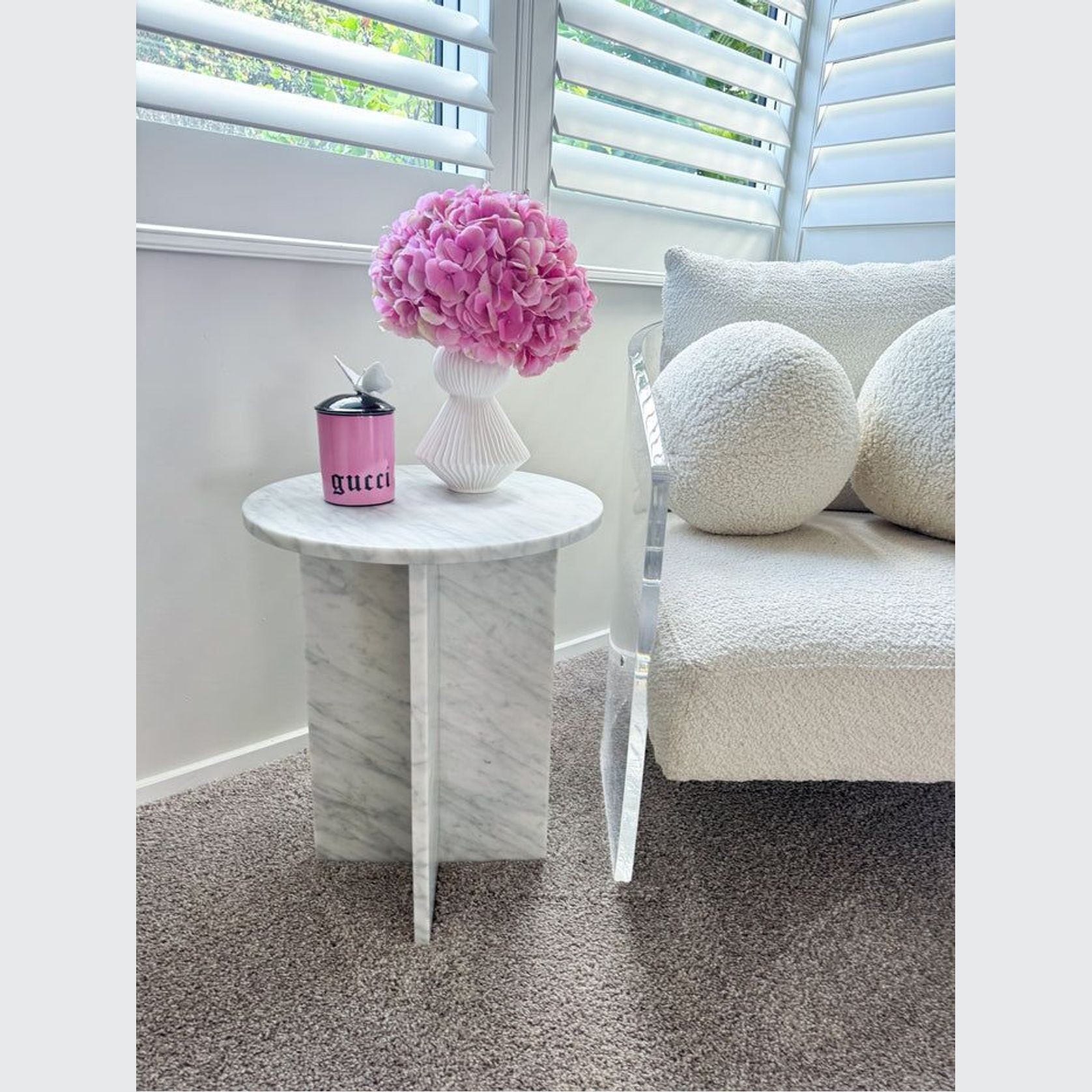 Round Cross Side Table - Carrara Marble | Natural Stone Co. gallery detail image