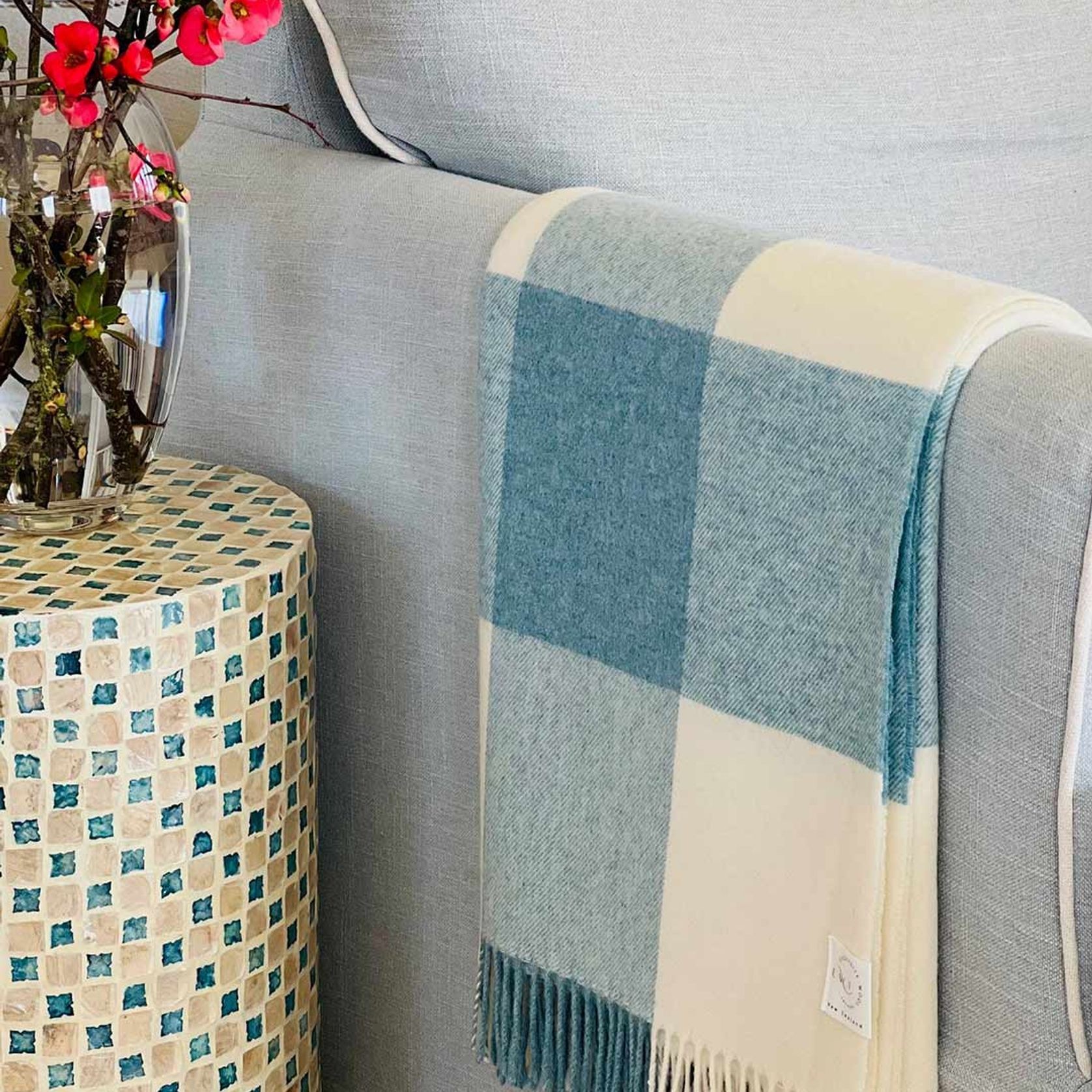 NZ Wool Throw - Checkboard, Aqua Blue | 100% Merino Wool gallery detail image