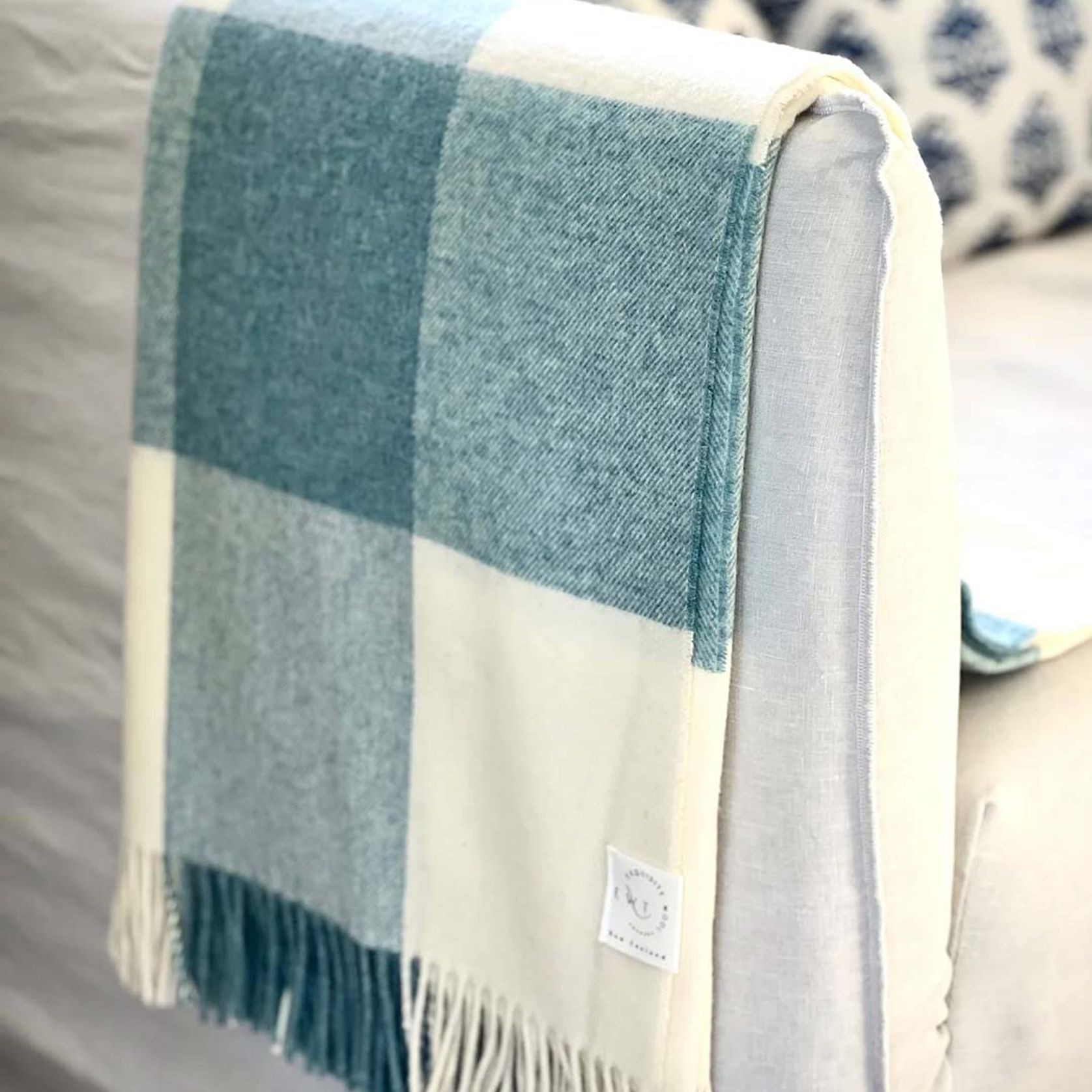 NZ Wool Throw - Checkboard, Aqua Blue | 100% Merino Wool gallery detail image
