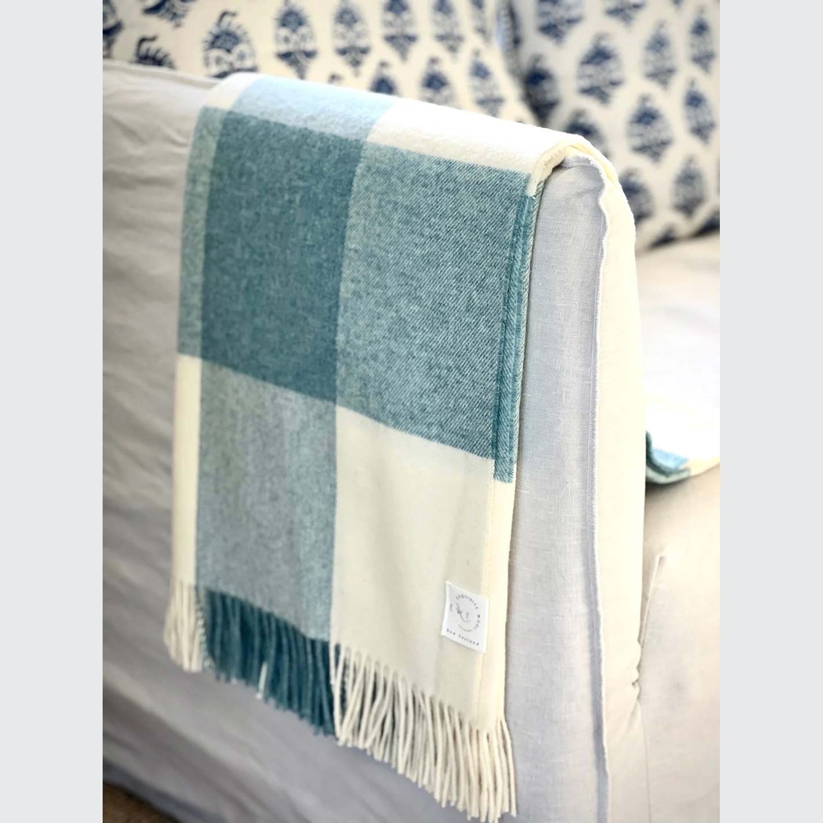 NZ Wool Throw - Checkboard, Aqua Blue | 100% Merino Wool gallery detail image