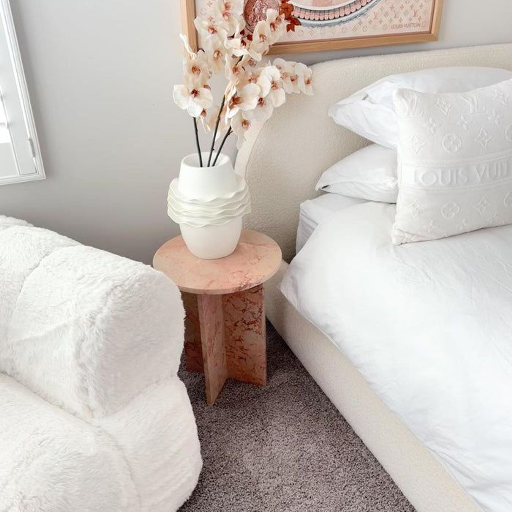 Round Cross Side Table - Pearl Pink Blush Marble | Natural Stone Co. gallery detail image