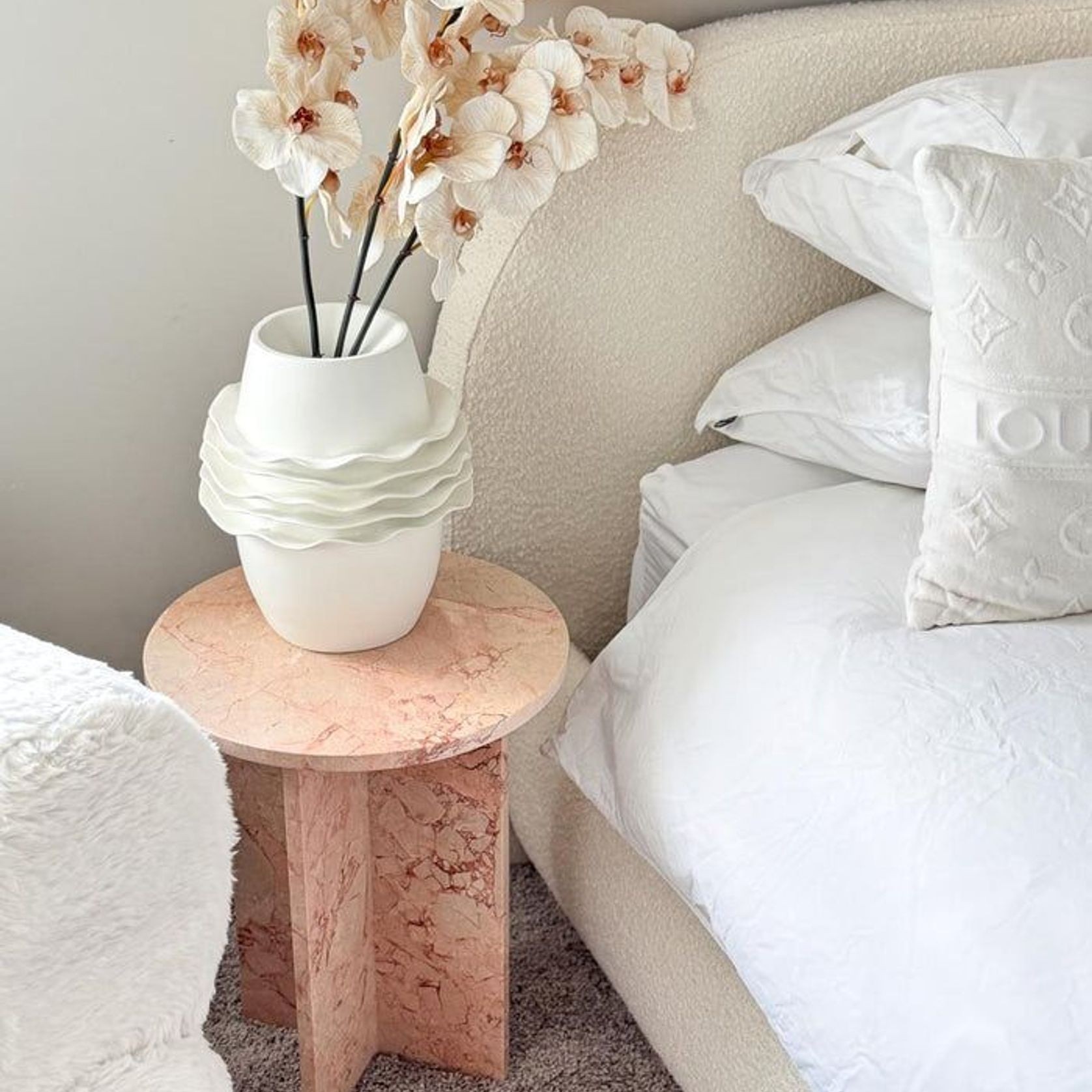 Round Cross Side Table - Pearl Pink Blush Marble | Natural Stone Co. gallery detail image