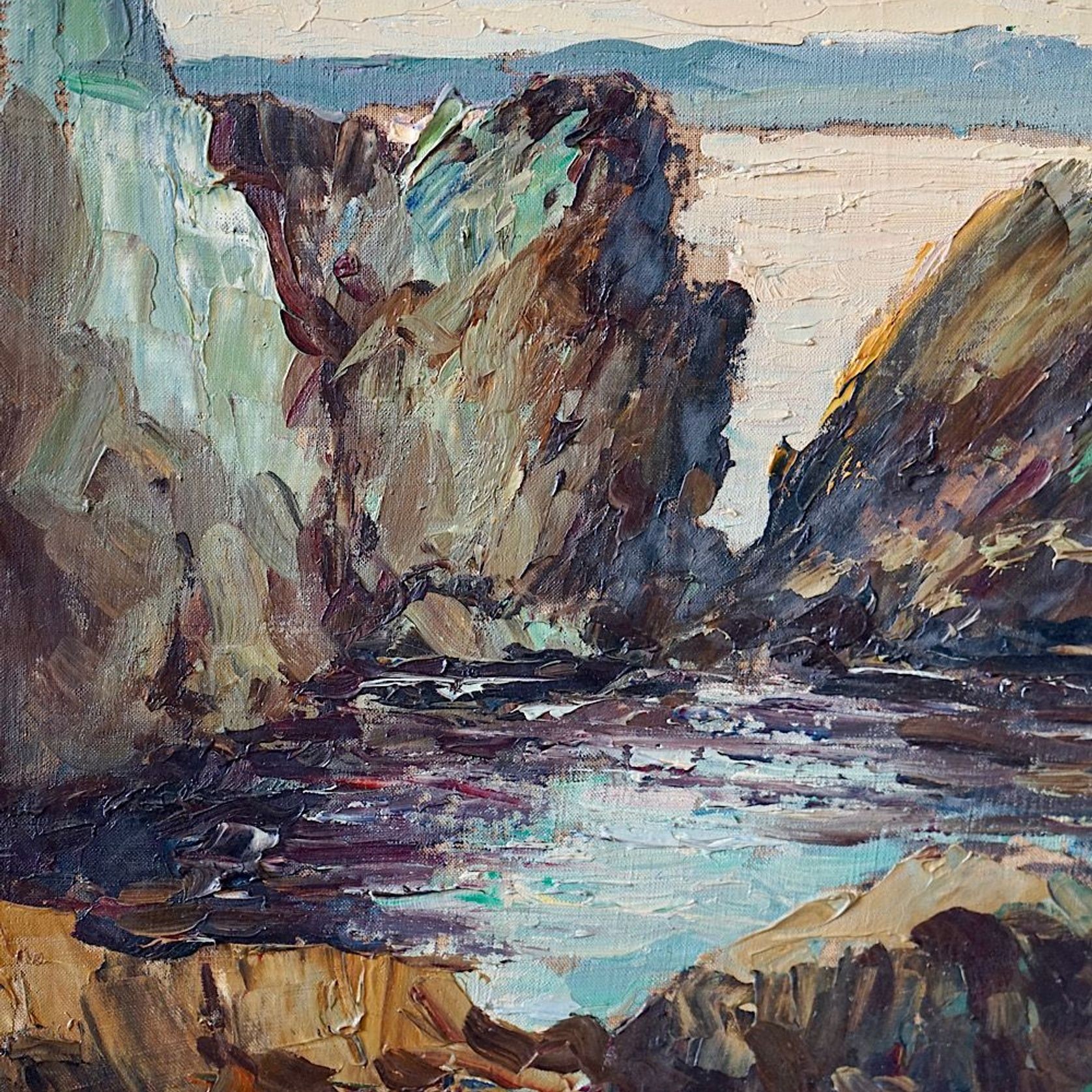 Antique Oil Painting of a French Coastal Scene gallery detail image