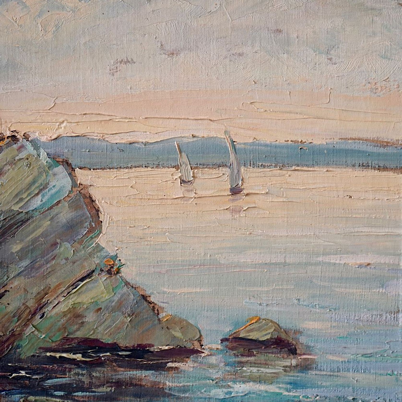 Antique Oil Painting of a French Coastal Scene gallery detail image