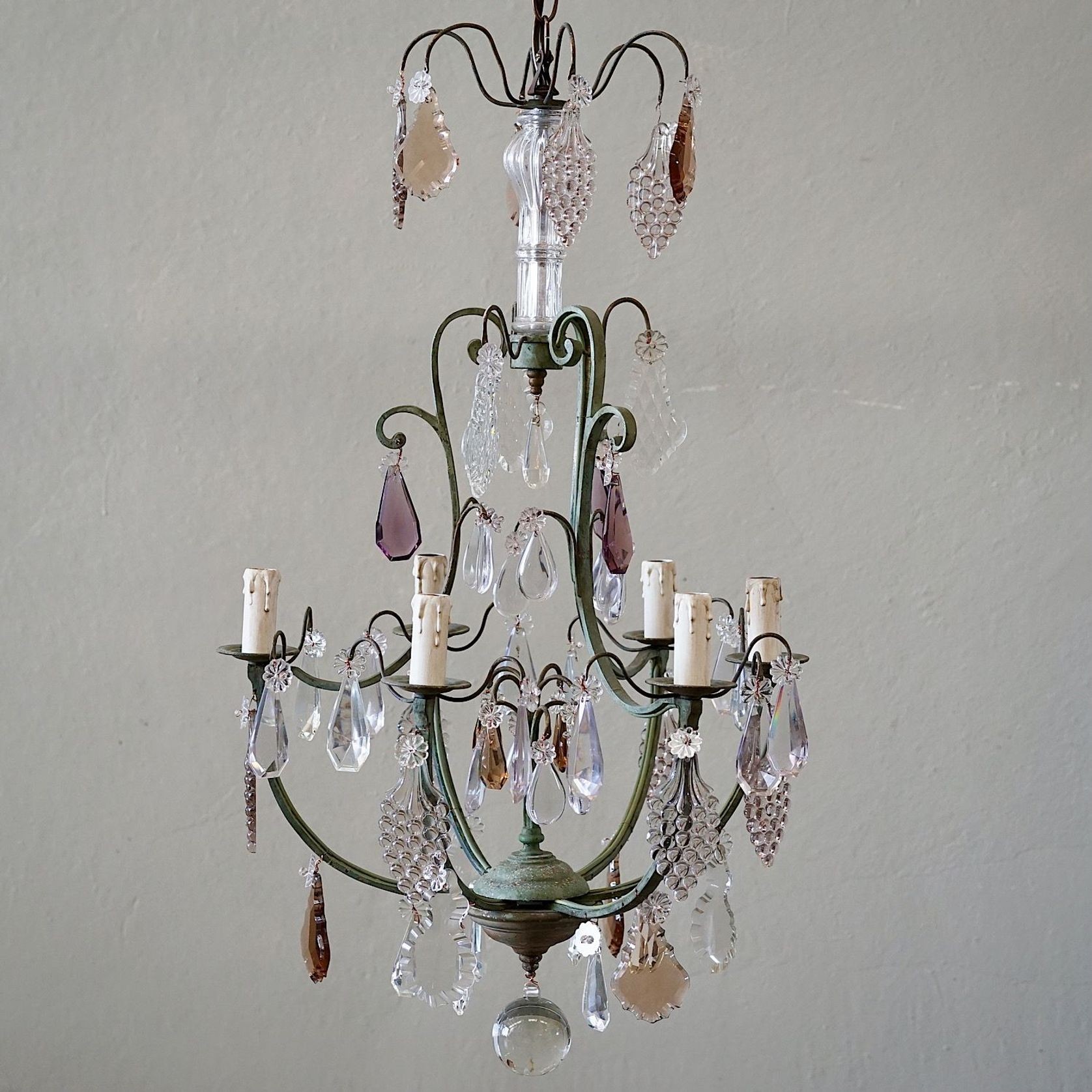 French Antique Verdigris Brass & Glass Chandelier gallery detail image