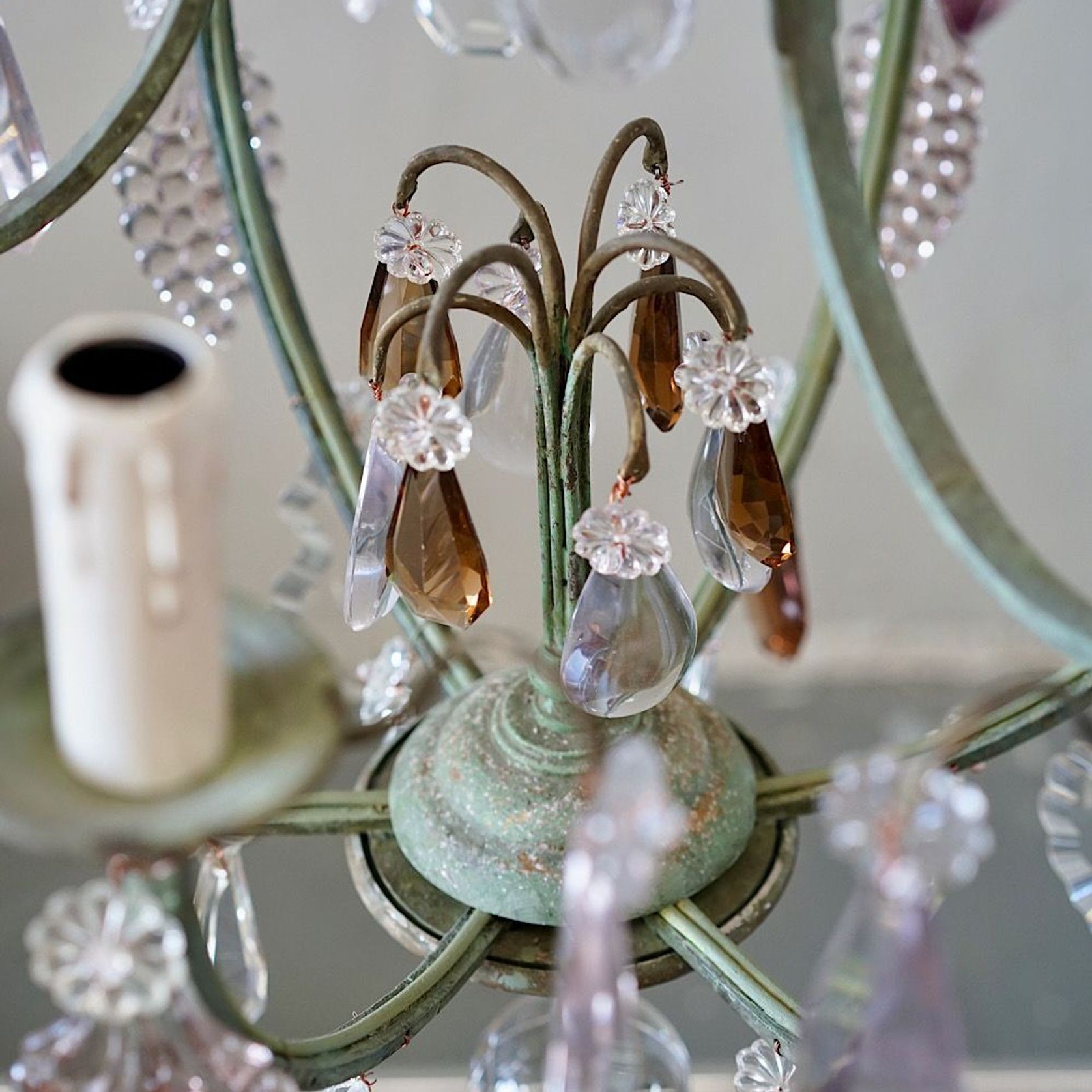 French Antique Verdigris Brass & Glass Chandelier gallery detail image
