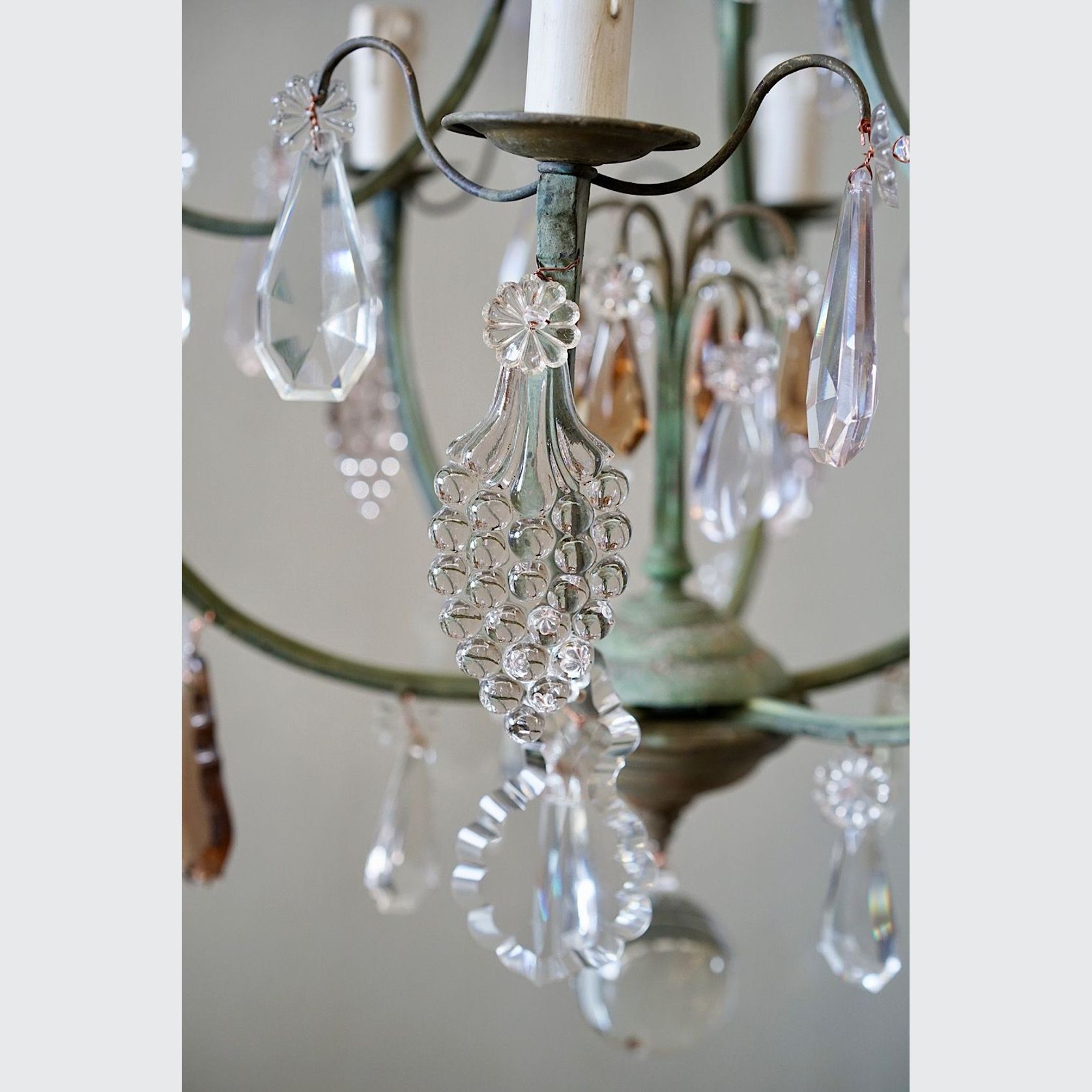 French Antique Verdigris Brass & Glass Chandelier gallery detail image