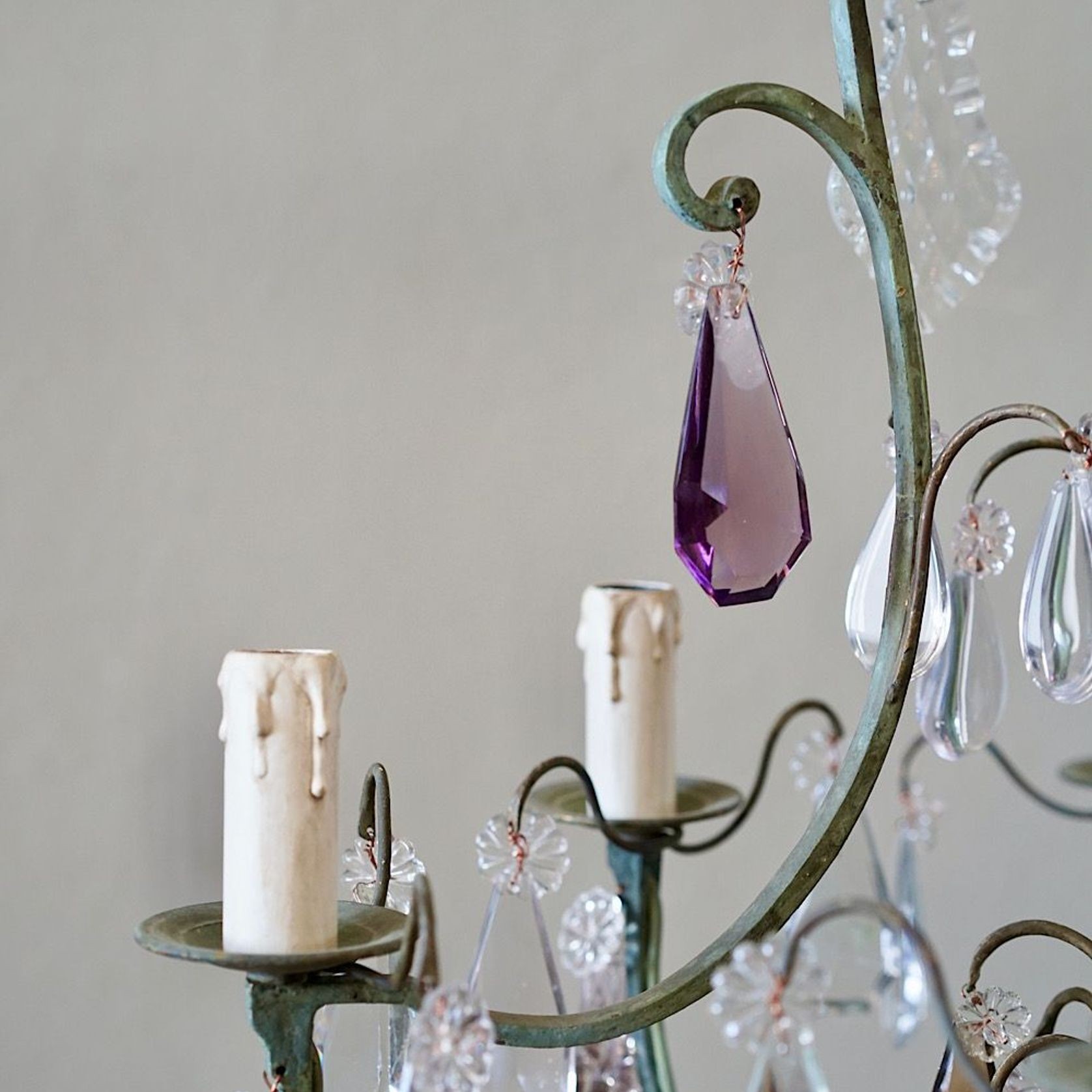 French Antique Verdigris Brass & Glass Chandelier gallery detail image