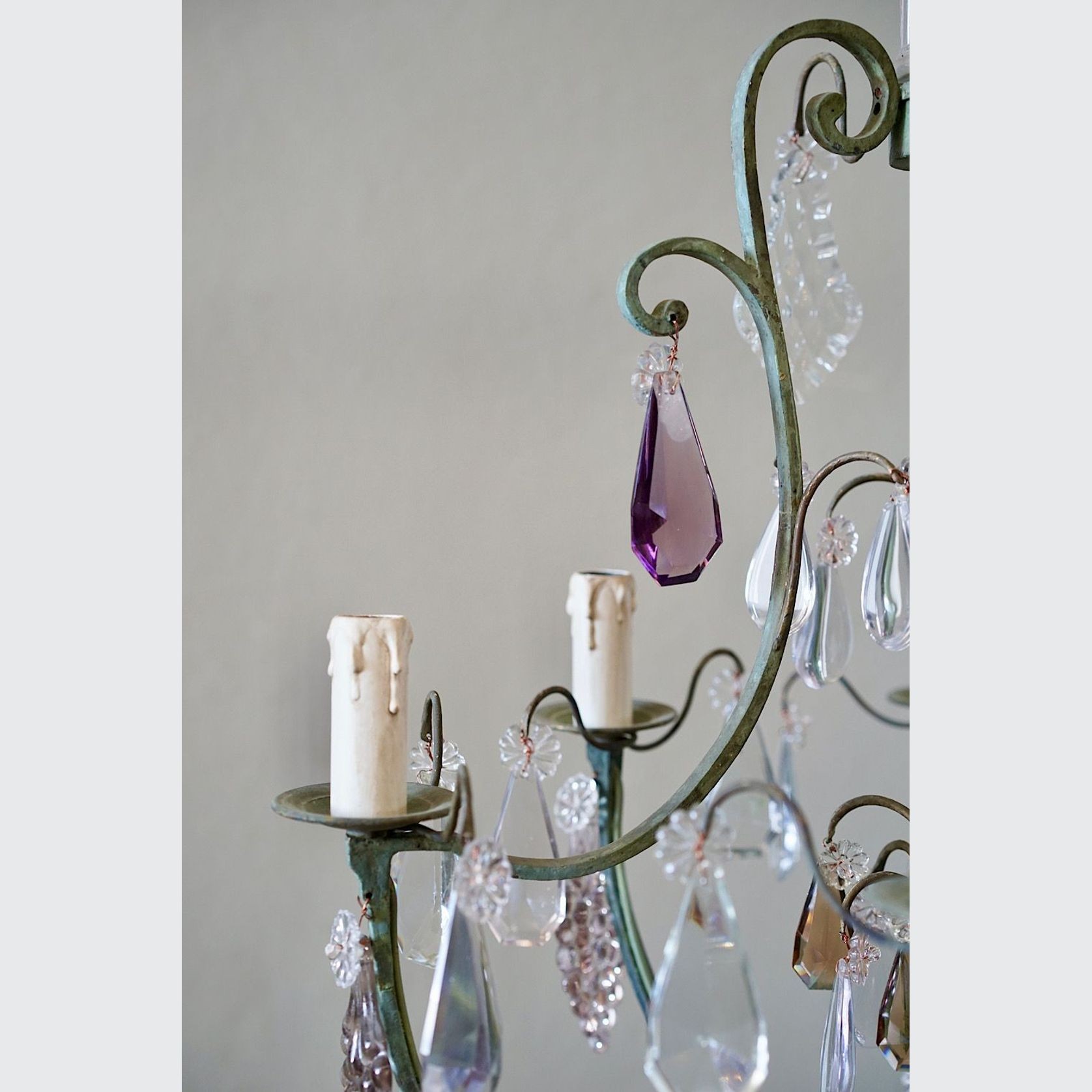 French Antique Verdigris Brass & Glass Chandelier gallery detail image