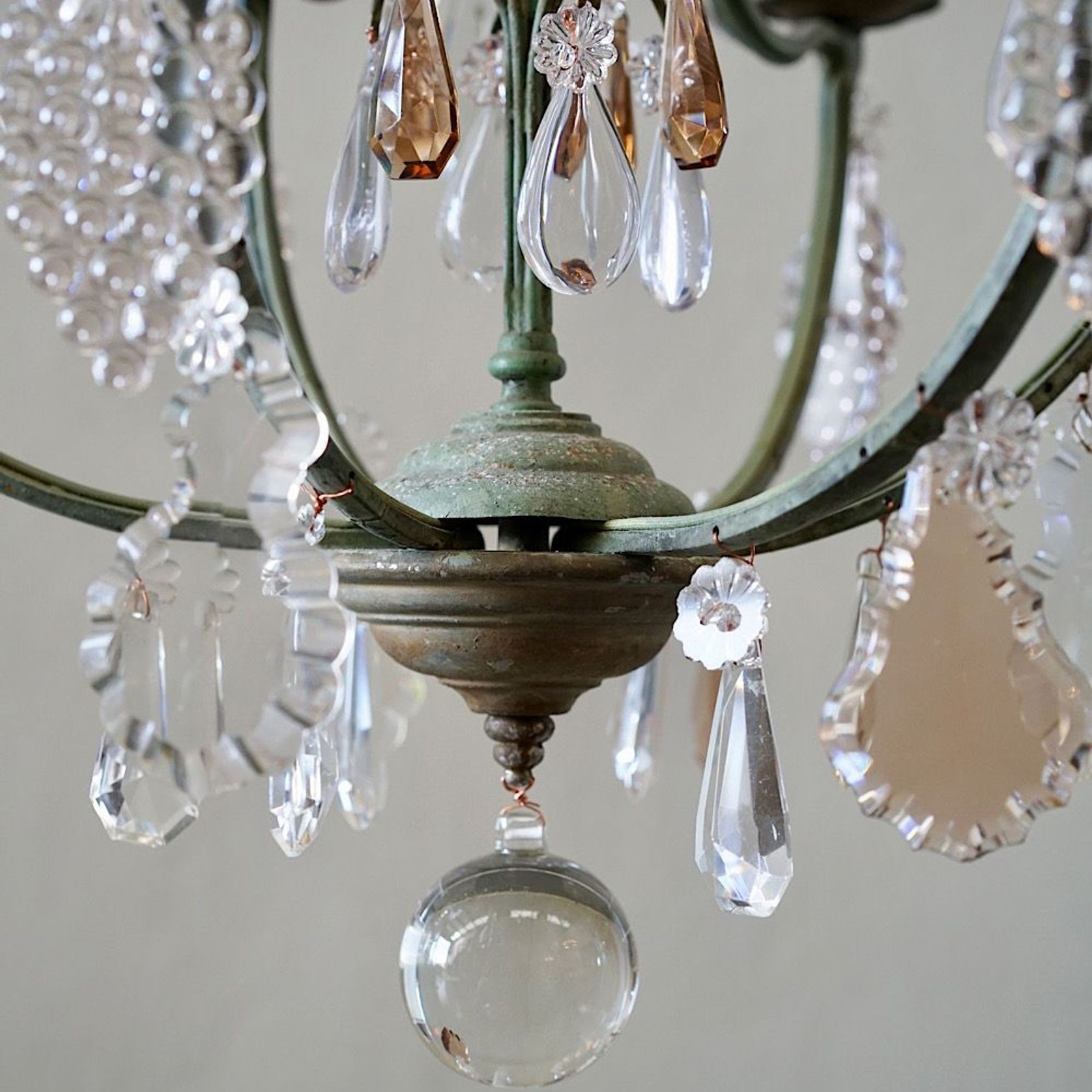 French Antique Verdigris Brass & Glass Chandelier gallery detail image