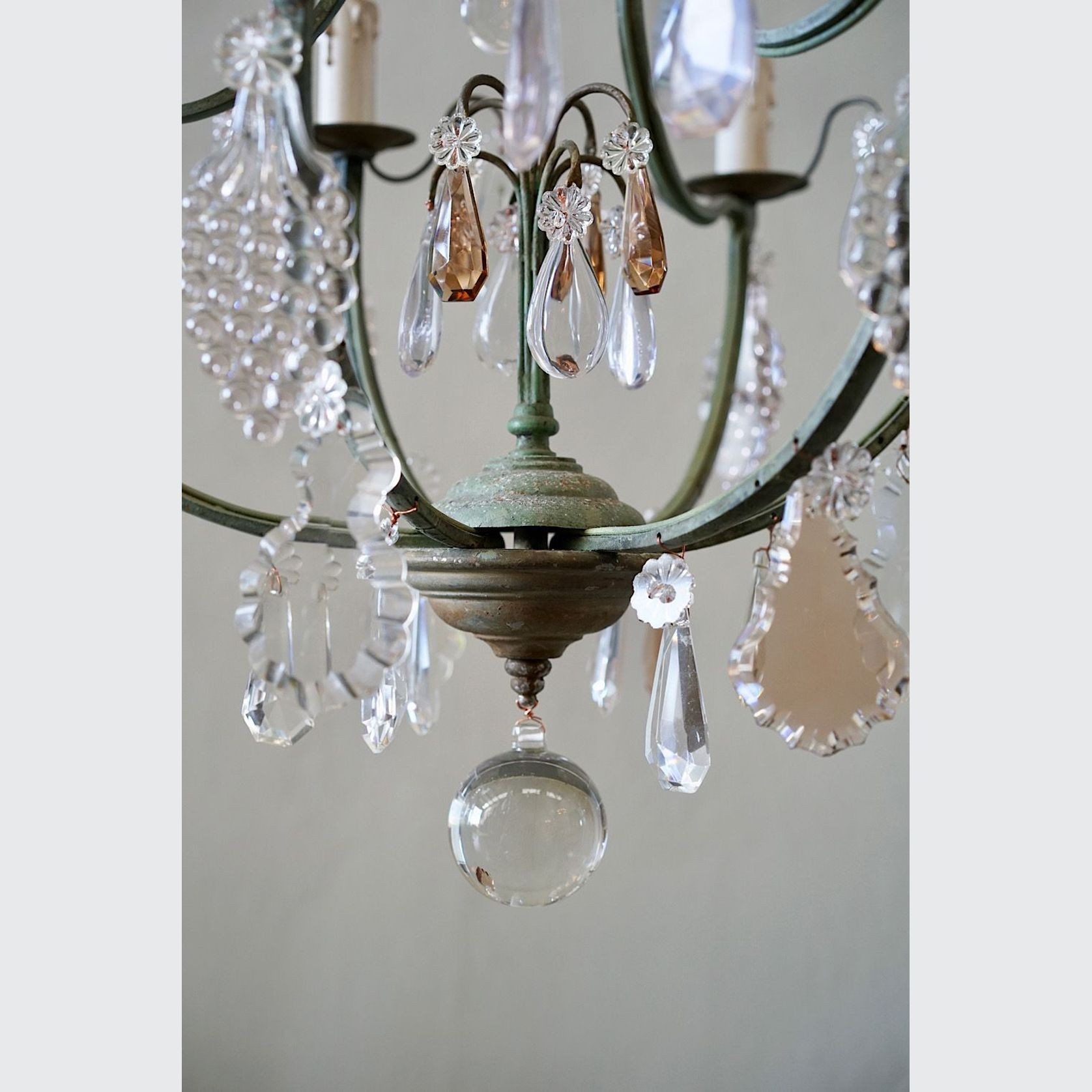 French Antique Verdigris Brass & Glass Chandelier gallery detail image