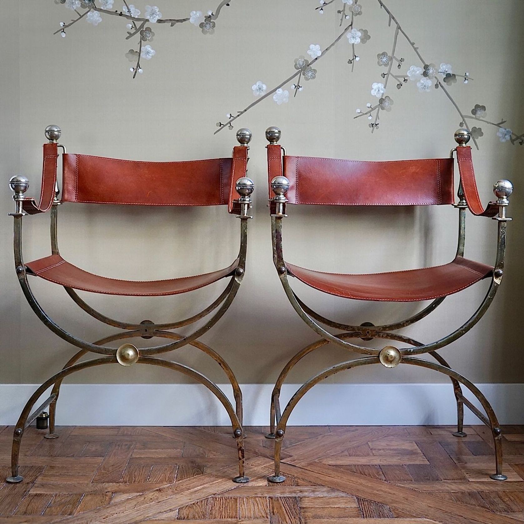 Vintage Iron & Leather Curule Chairs (Pair) gallery detail image