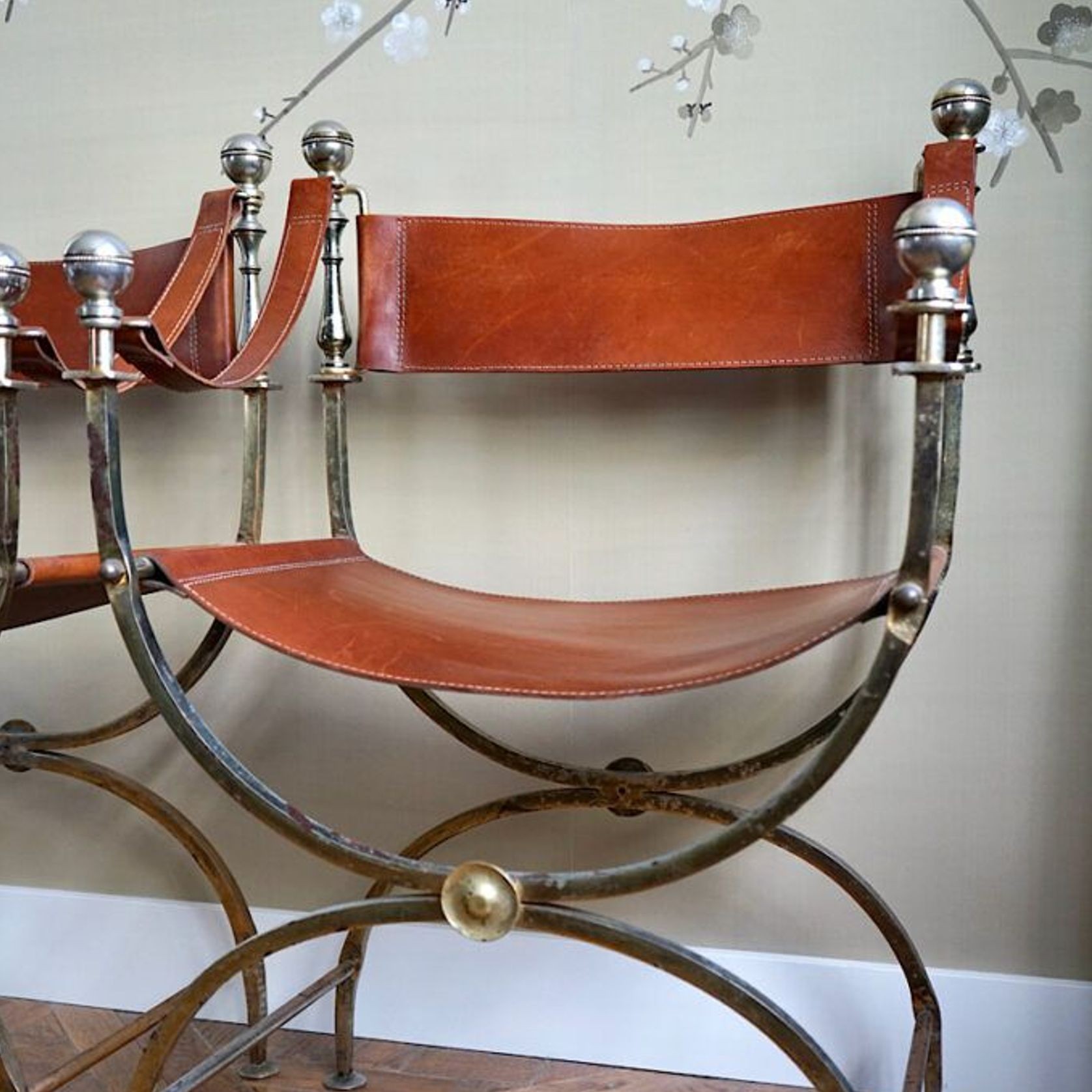 Vintage Iron & Leather Curule Chairs (Pair) gallery detail image