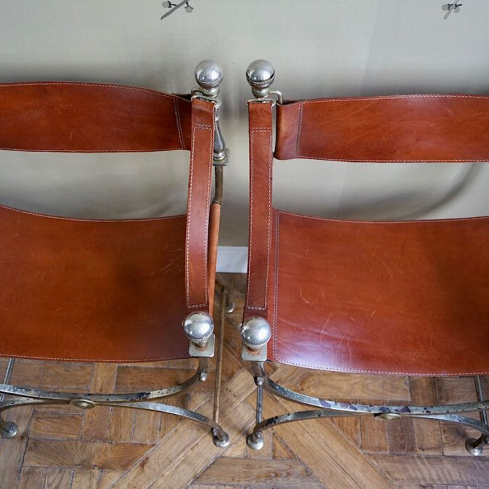 Vintage Iron & Leather Curule Chairs (Pair) gallery detail image
