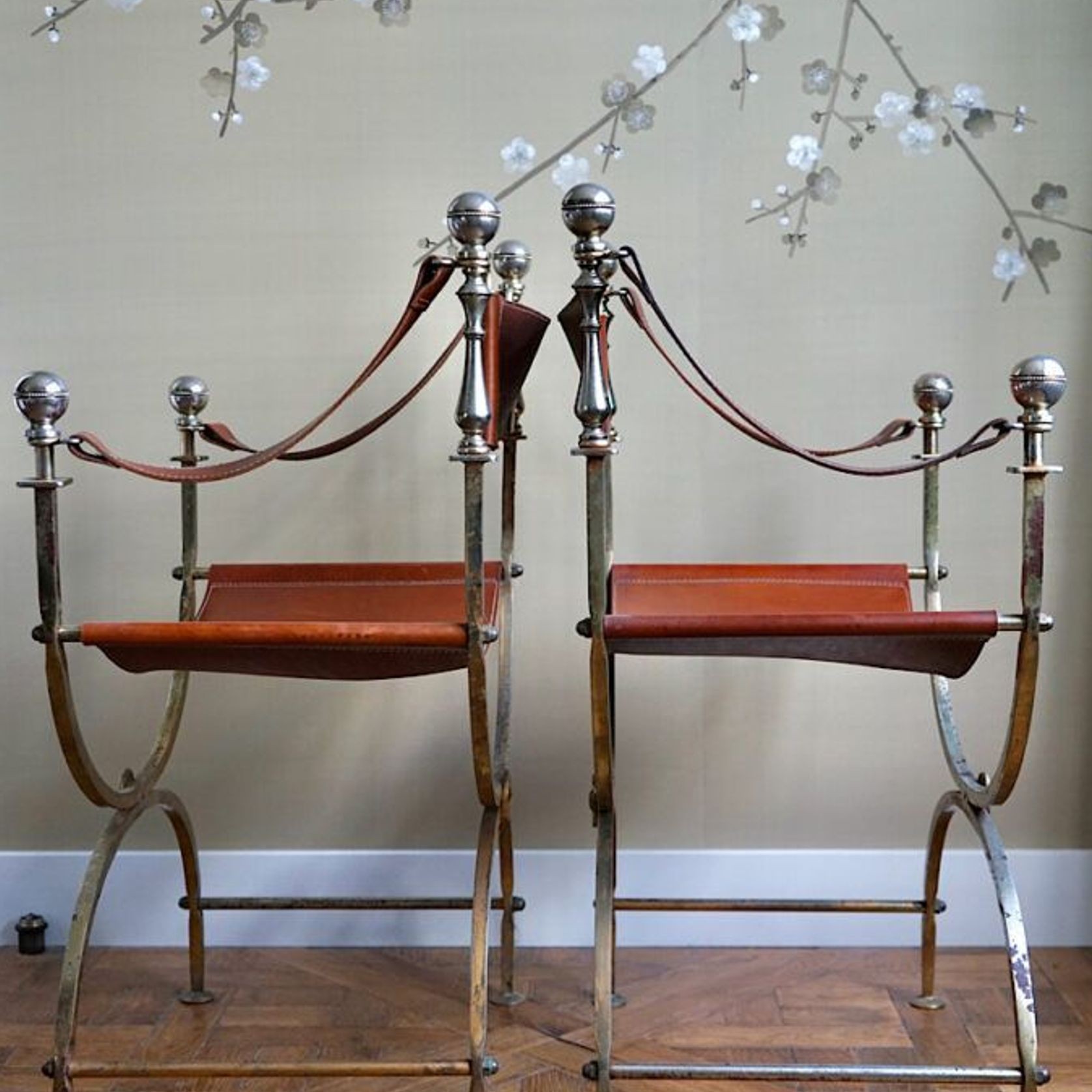 Vintage Iron & Leather Curule Chairs (Pair) gallery detail image