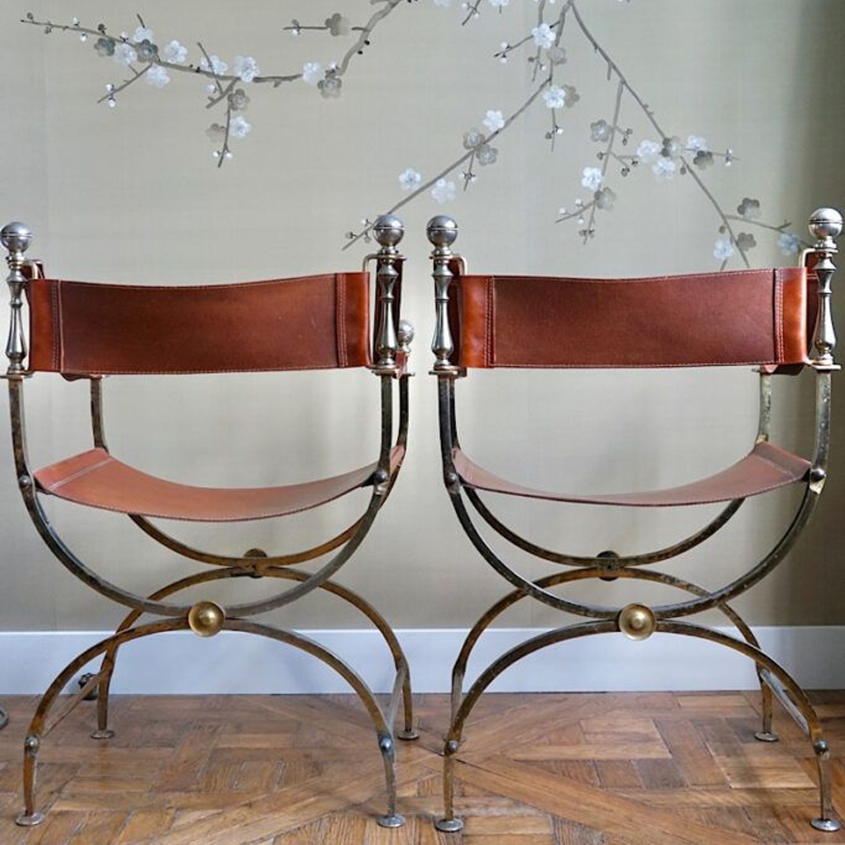 Vintage Iron & Leather Curule Chairs (Pair) gallery detail image