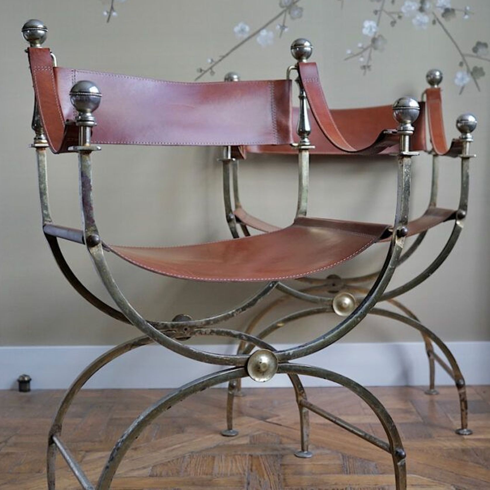Vintage Iron & Leather Curule Chairs (Pair) gallery detail image