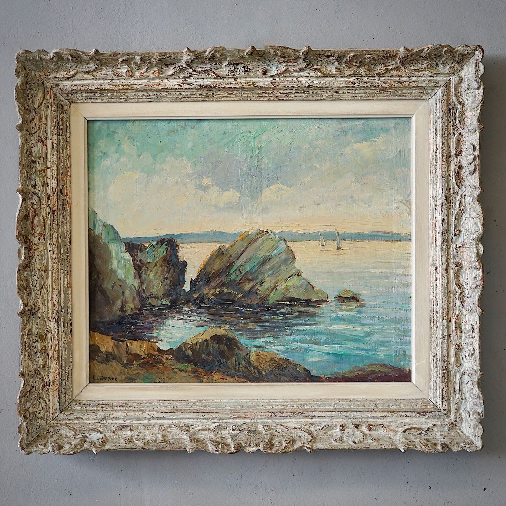Antique Oil Painting of a French Coastal Scene gallery detail image