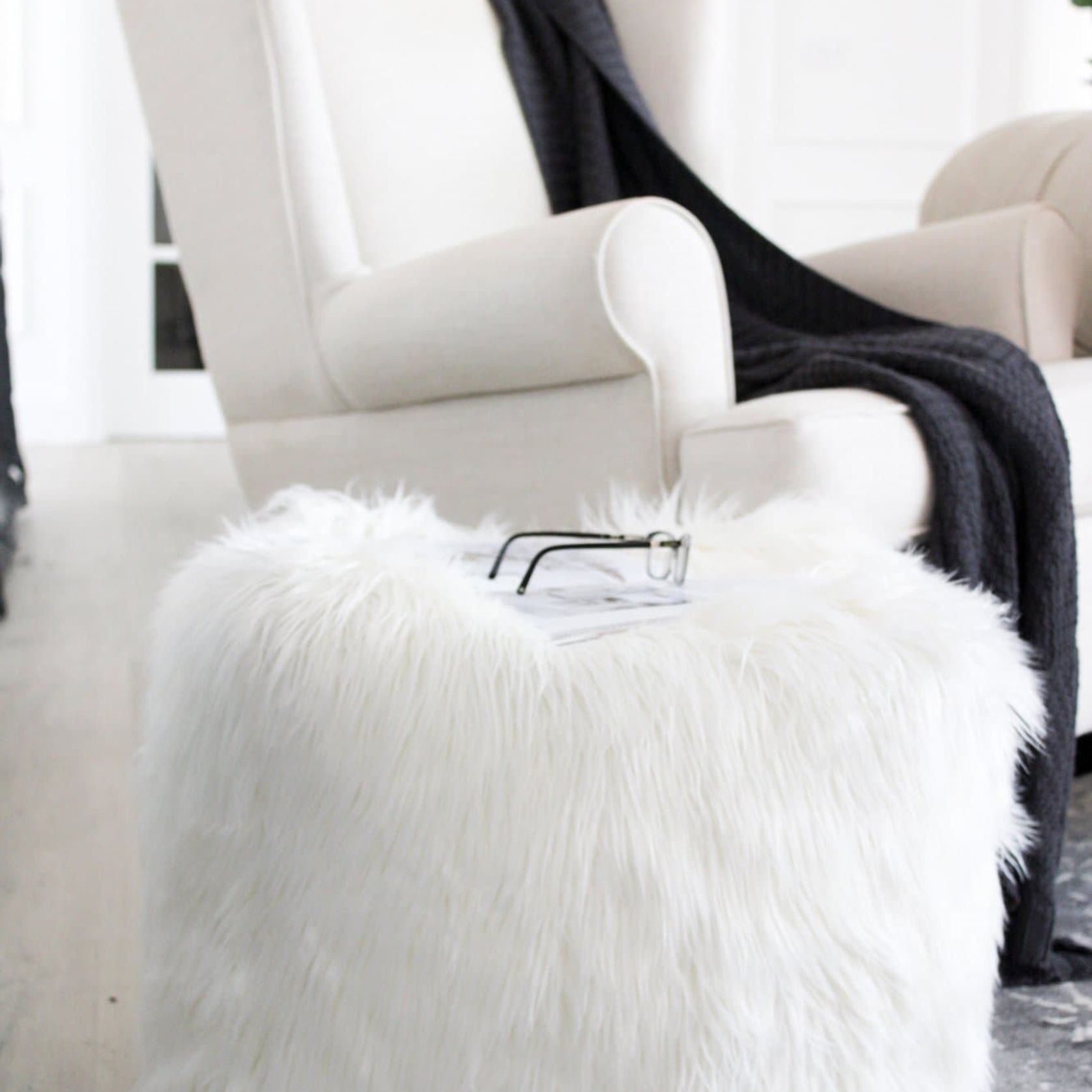 Fur Pouf Ottoman Stool - White gallery detail image