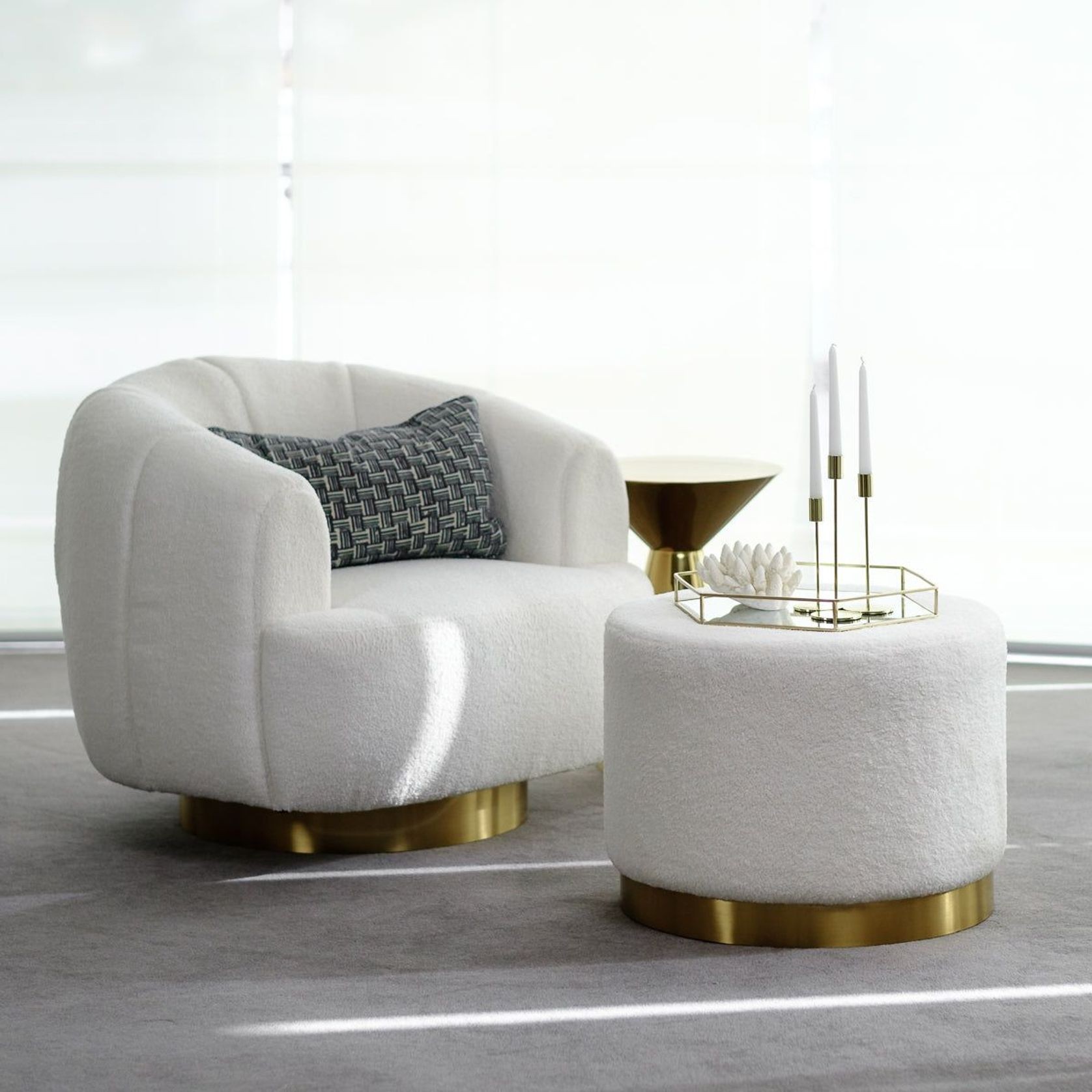 Boucle Ottoman Stool - Gold Base - 60cm gallery detail image