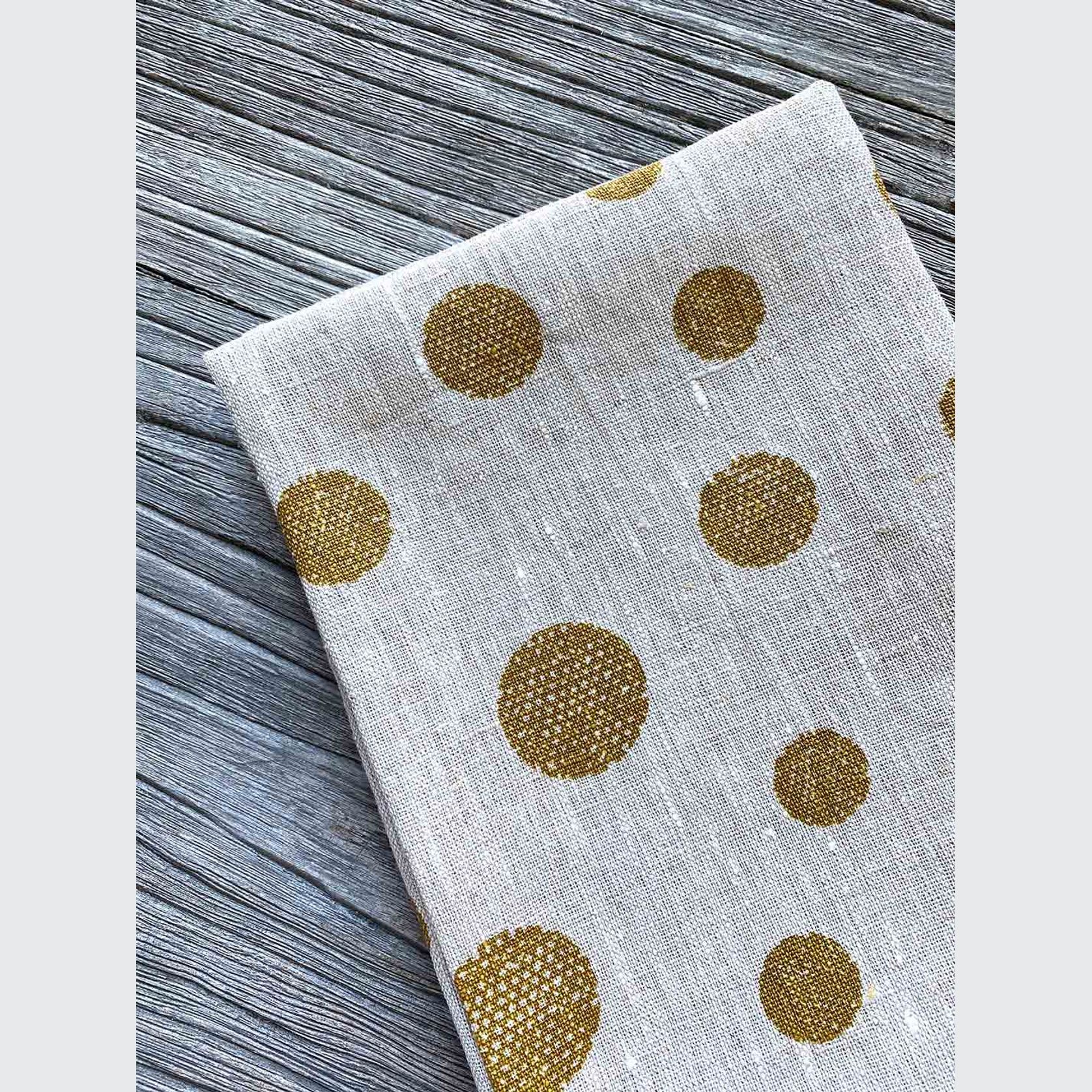 Hand-printed 100% Linen Tea Towel - Spots, Mustard gallery detail image