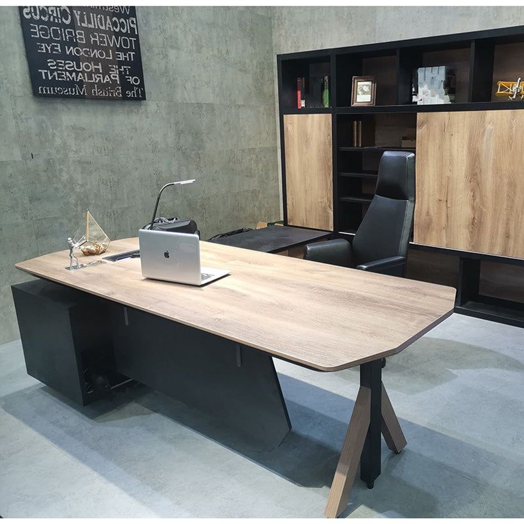EASTON Sit Stand Electric Lift Executive Desk with Right Return 2.2M - Warm Oak & Black gallery detail image