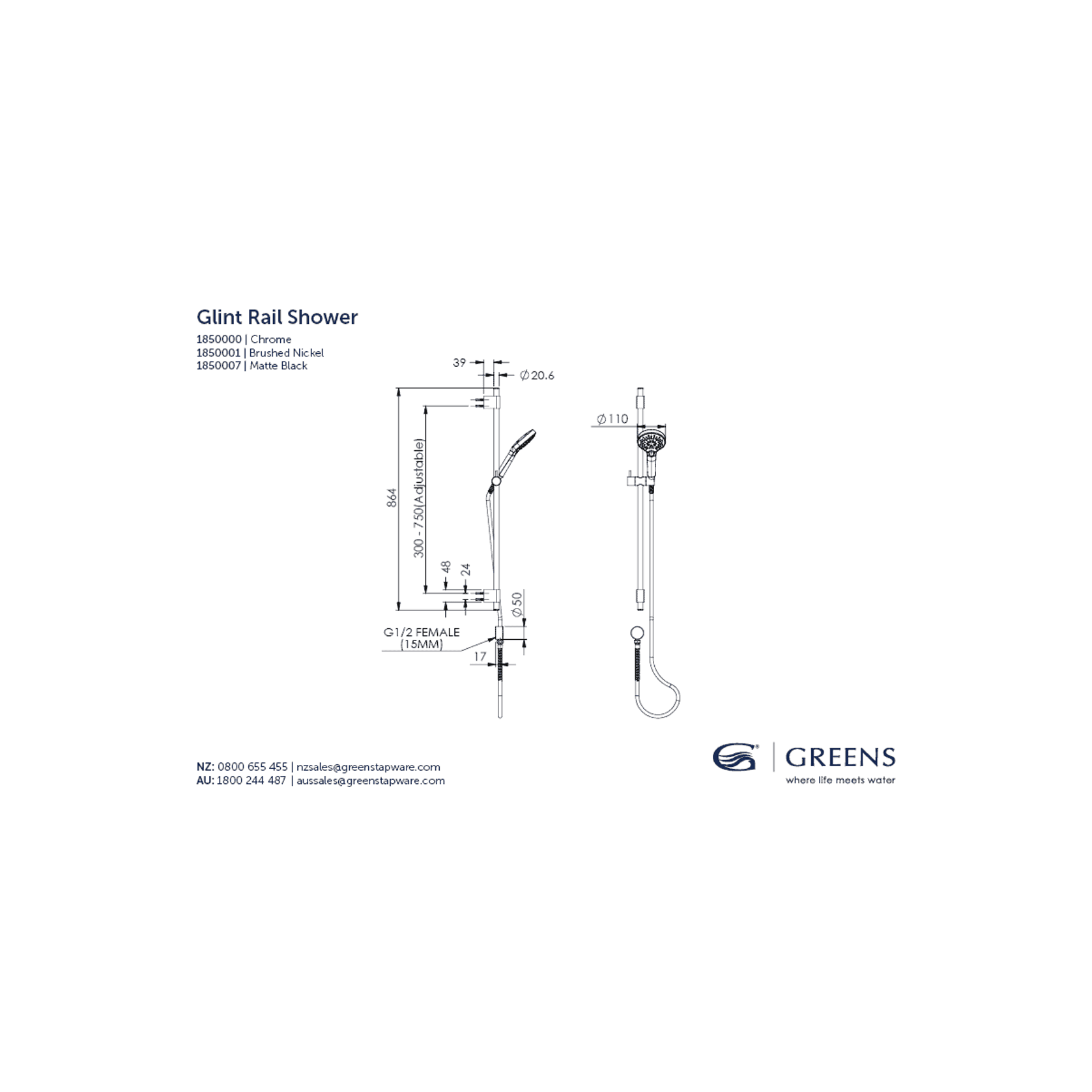 Glint AirFlo™ Adjustable Rail Shower gallery detail image