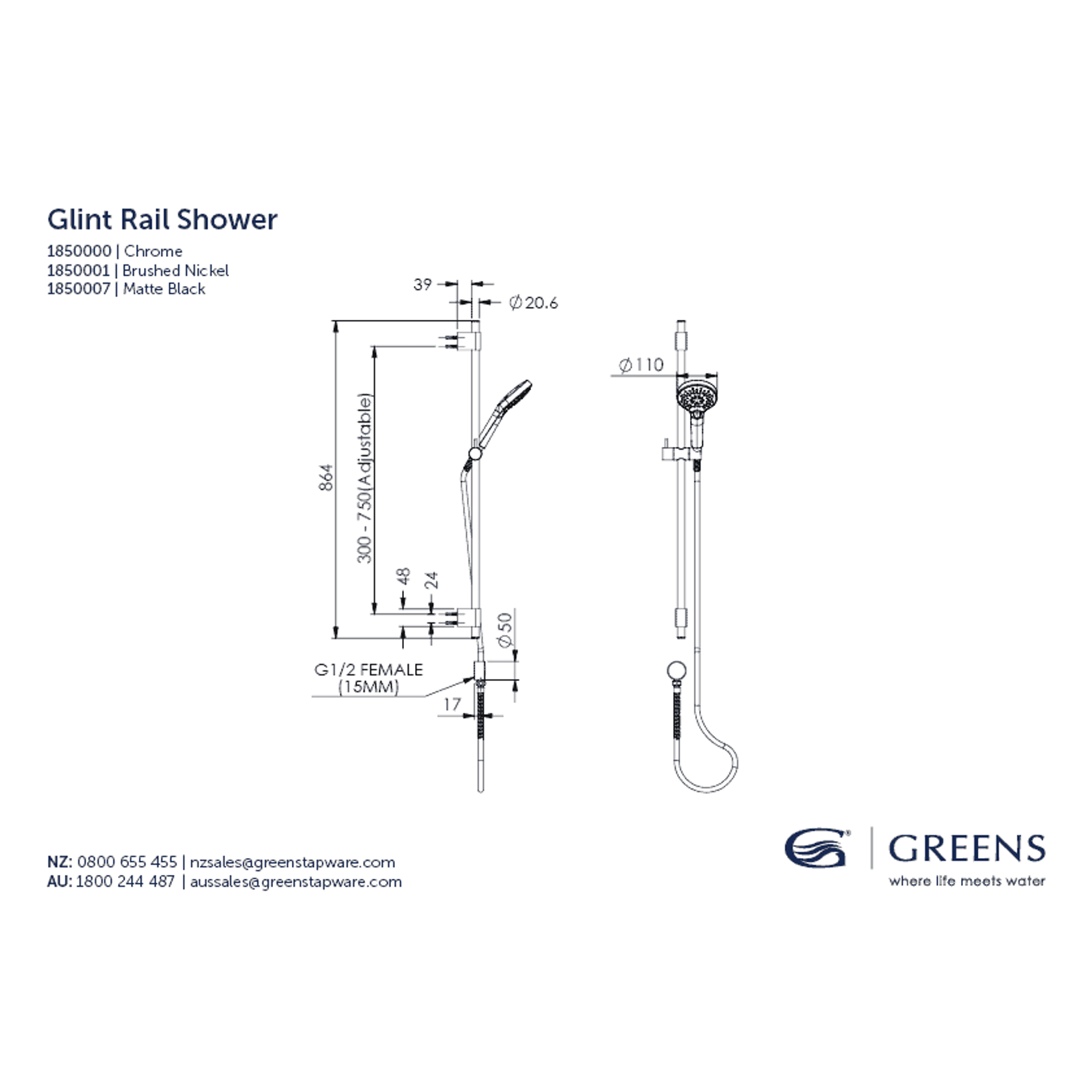 Glint AirFlo™ Adjustable Rail Shower gallery detail image