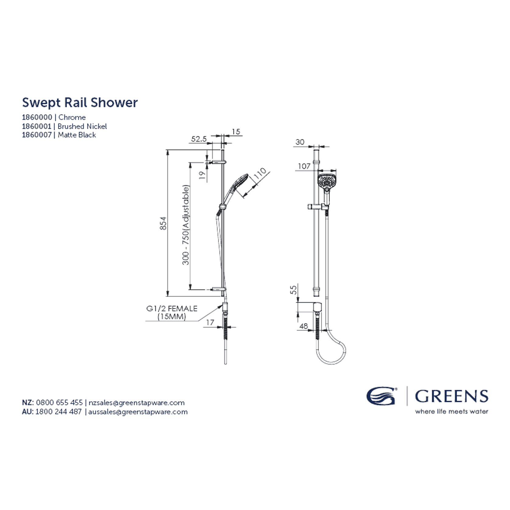Swept AirFlo™ Adjustable Rail Shower gallery detail image