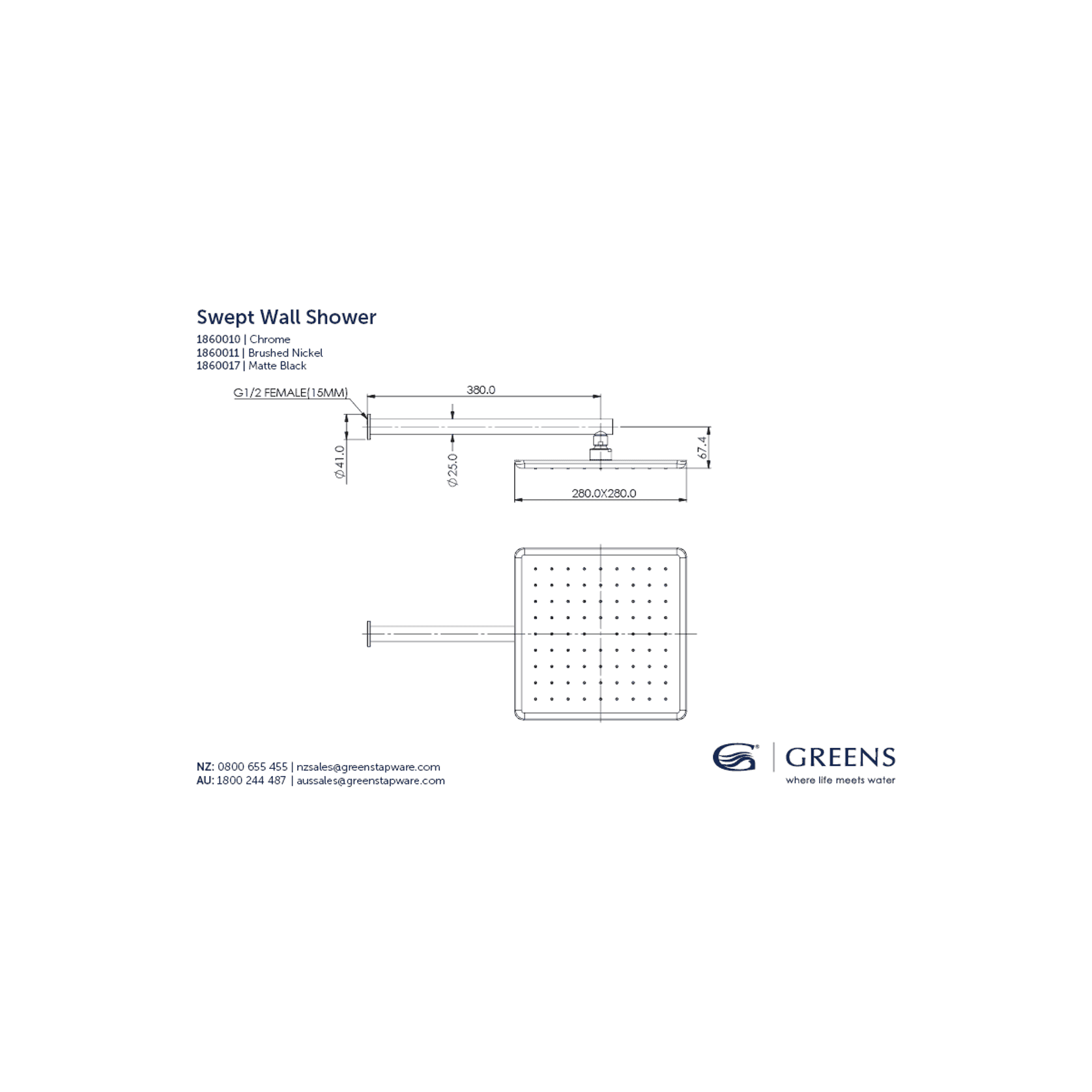 Swept Overhead Wall Shower gallery detail image