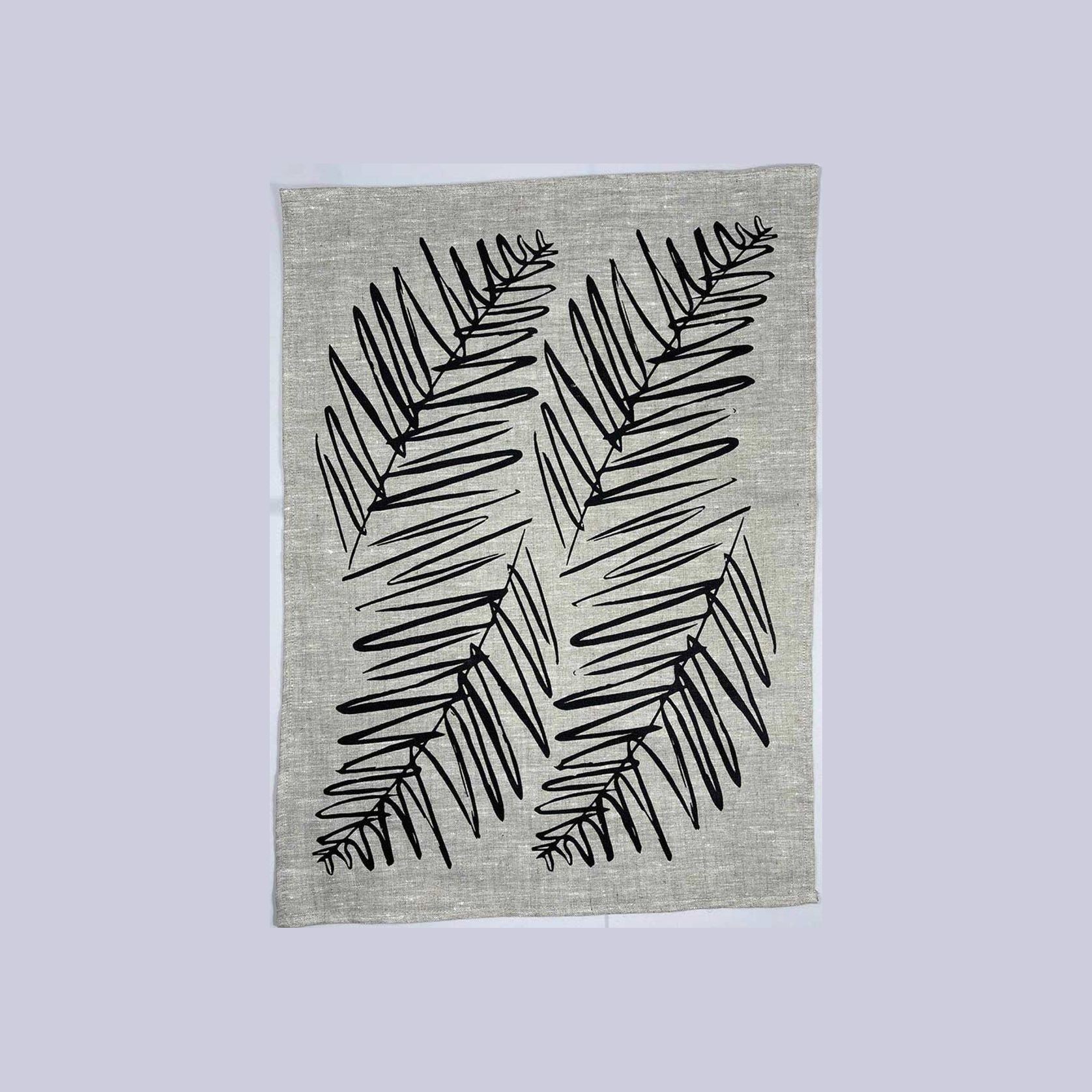 Hand-printed 100% Linen Tea Towel - Leaf, Black gallery detail image