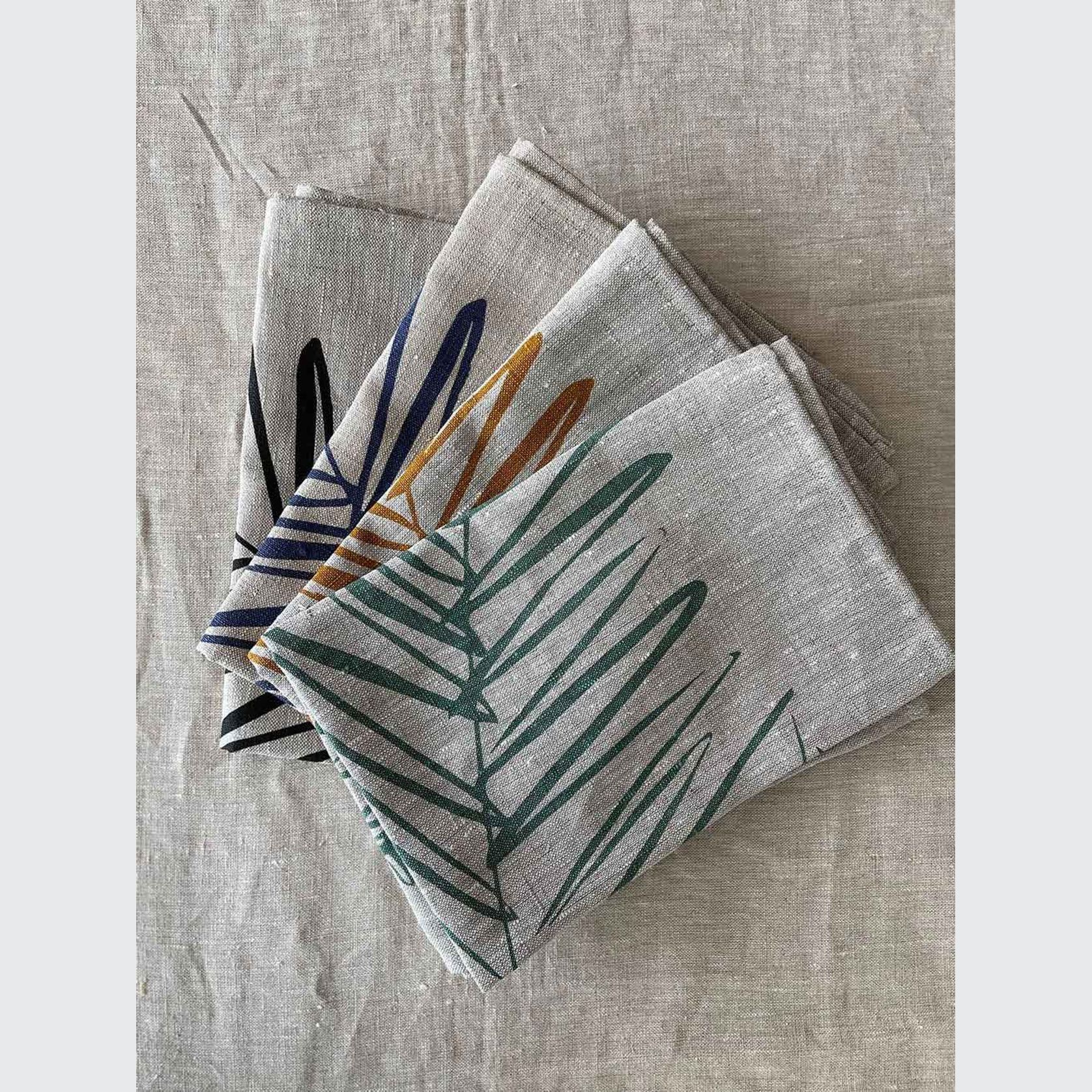 Hand-printed 100% Linen Tea Towel - Leaf, Navy Blue gallery detail image
