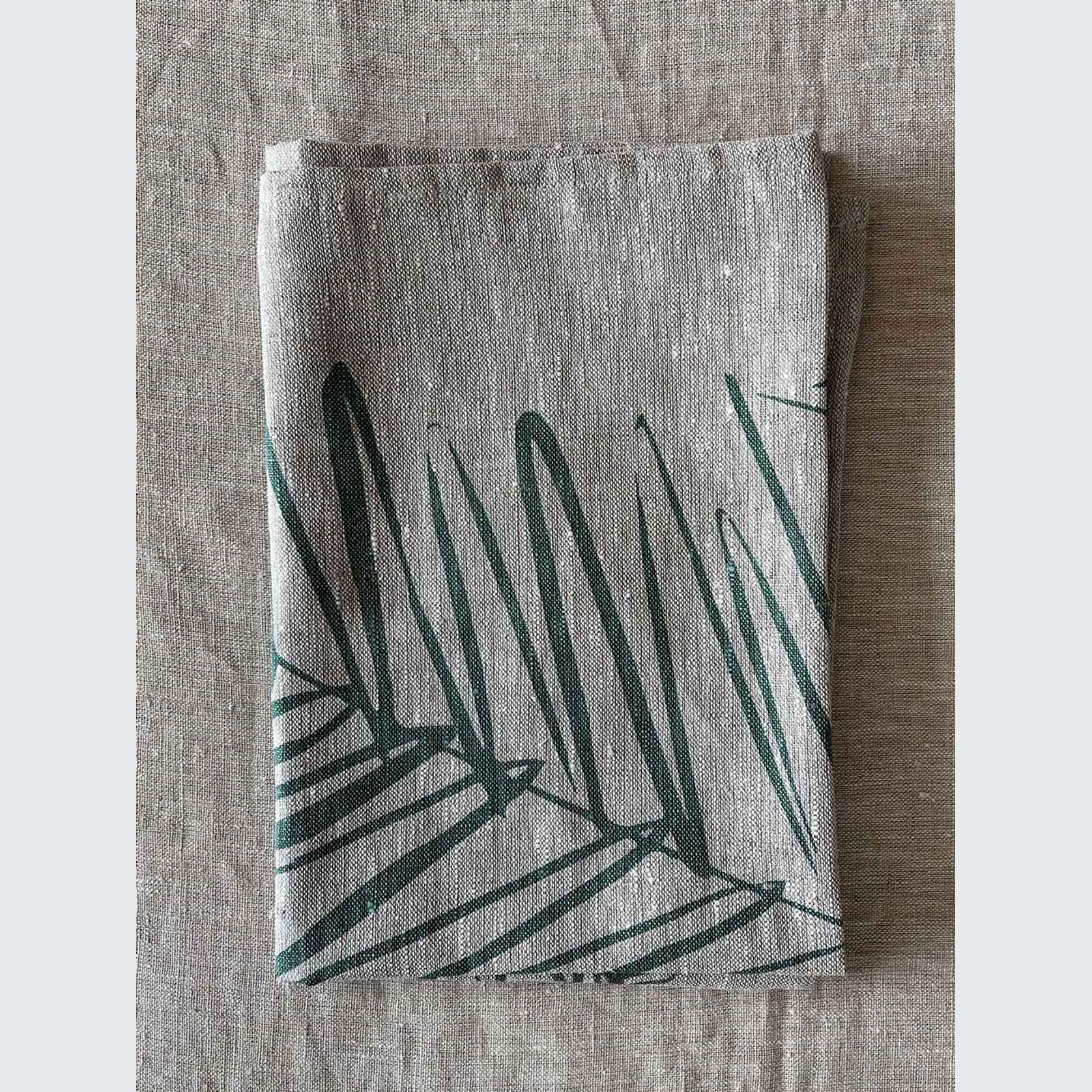 Hand-printed 100% Linen Tea Towel - Leaf, Sage Green gallery detail image
