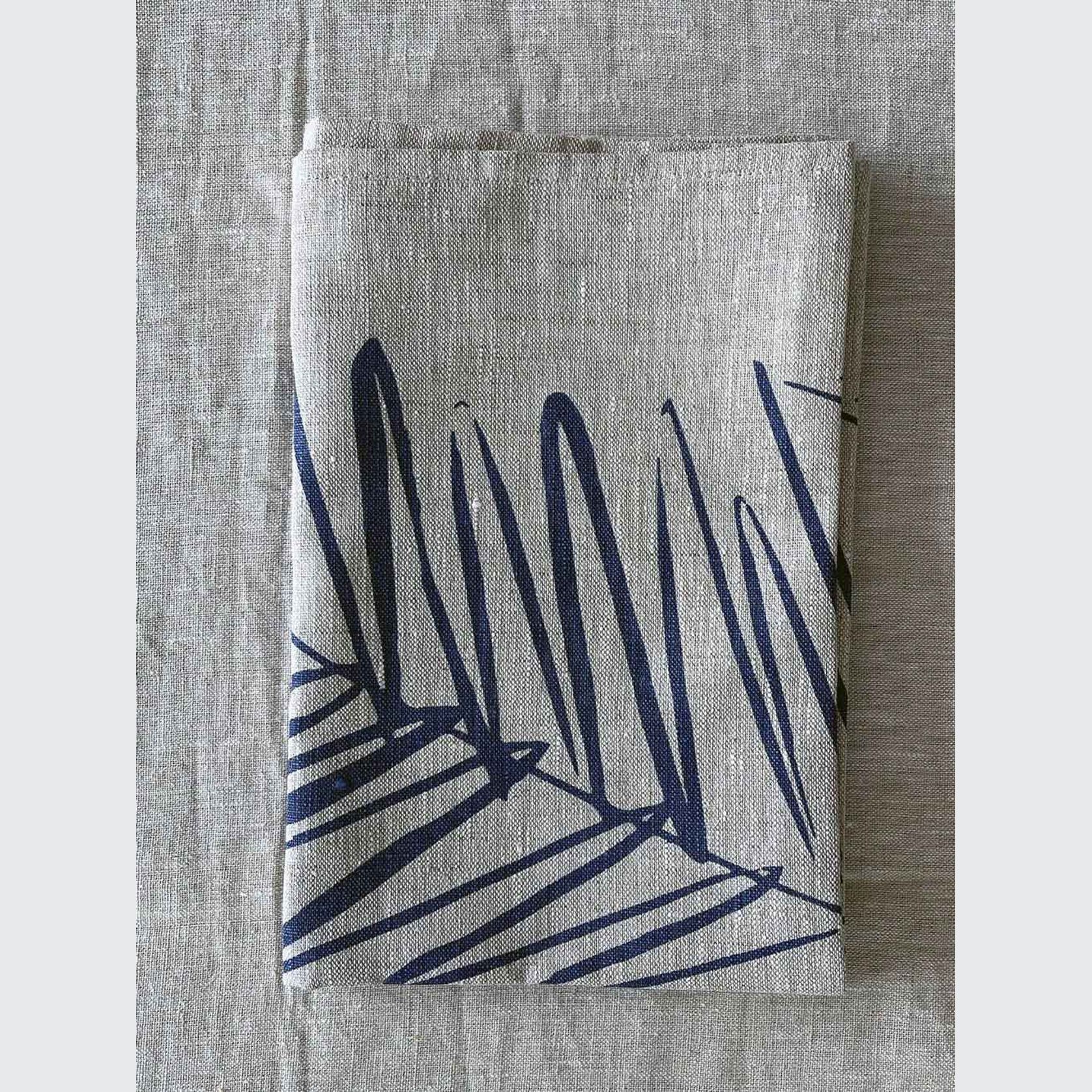 Hand-printed 100% Linen Tea Towel - Leaf, Navy Blue gallery detail image