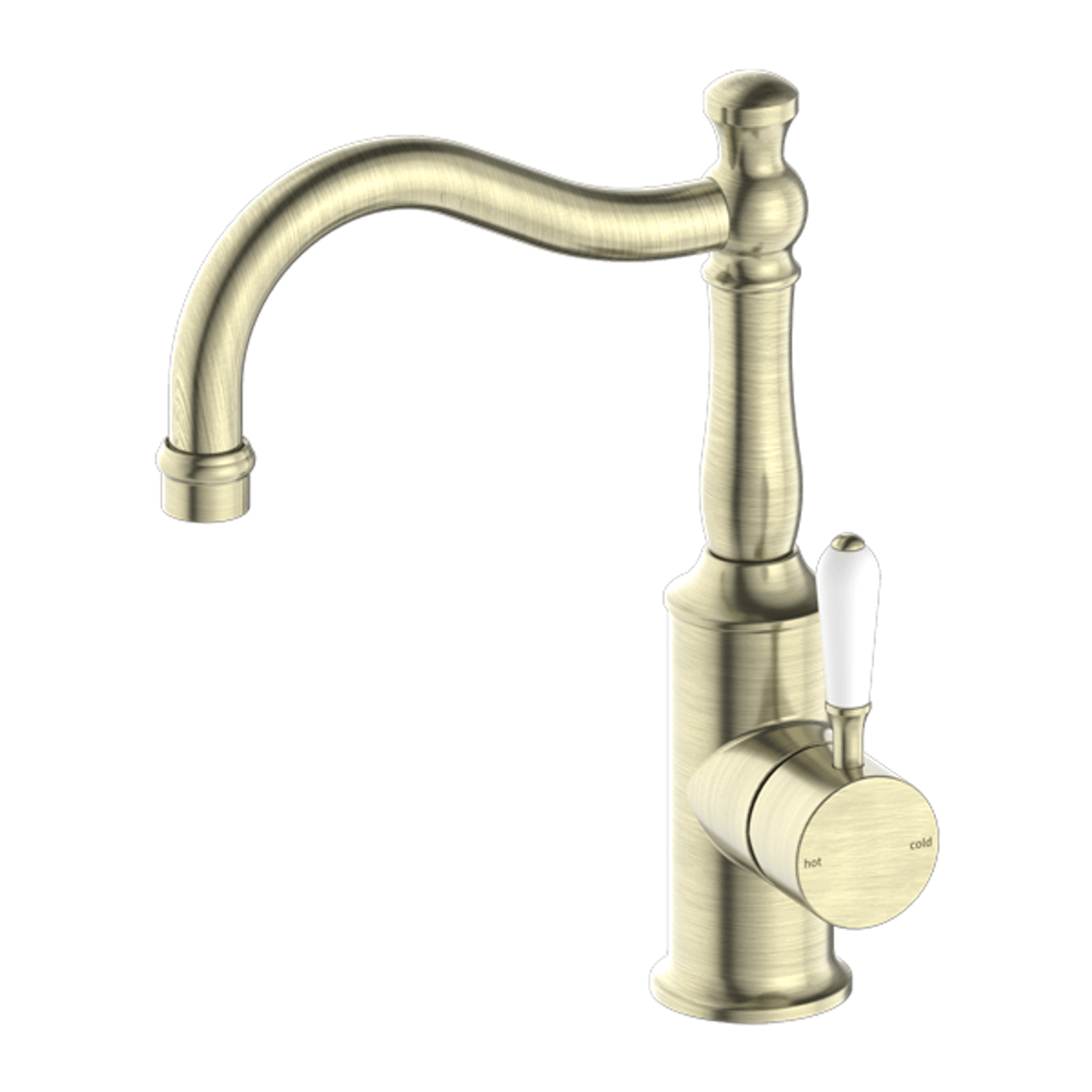 York Basin Mixer Hook Spout With White Porcelain Lever Aged Brass gallery detail image