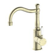 York Basin Mixer Hook Spout With White Porcelain Lever Aged Brass gallery detail image