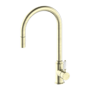 York Pull Out Sink Mixer With Vegie Spray Function With White Porcelain Lever Aged Brass gallery detail image