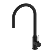 York Pull Out Sink Mixer With Vegie Spray Function With White Porcelain Lever Matte Black gallery detail image