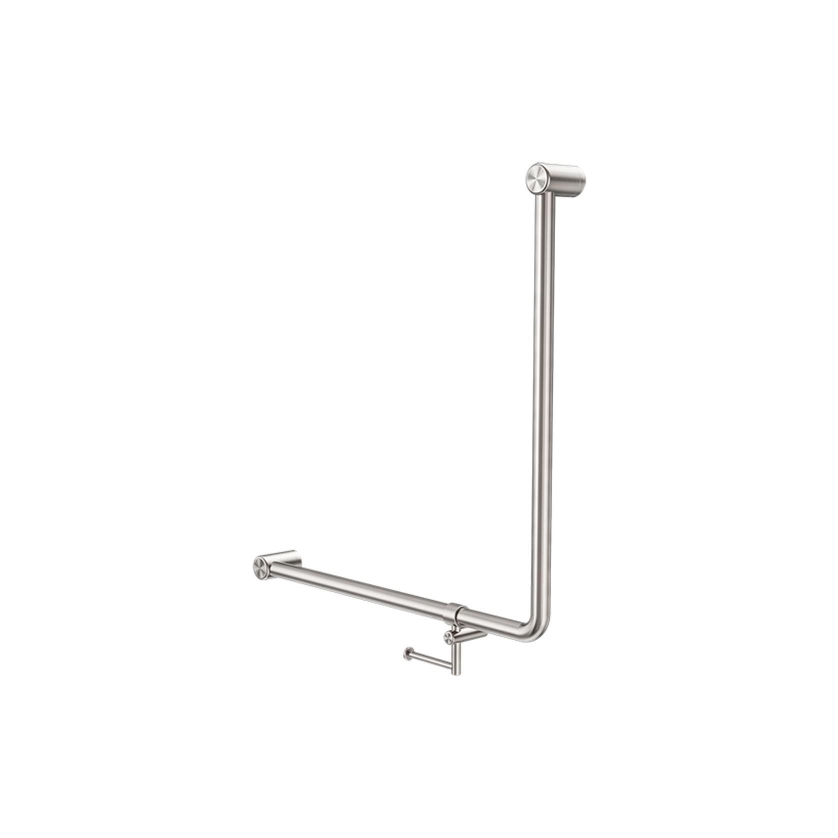 Mecca Care 32mm Ambulant 90 Degree Bent Tube Grab Rail 750X750mm With Toilet Roll Holder Brushed Nickel gallery detail image