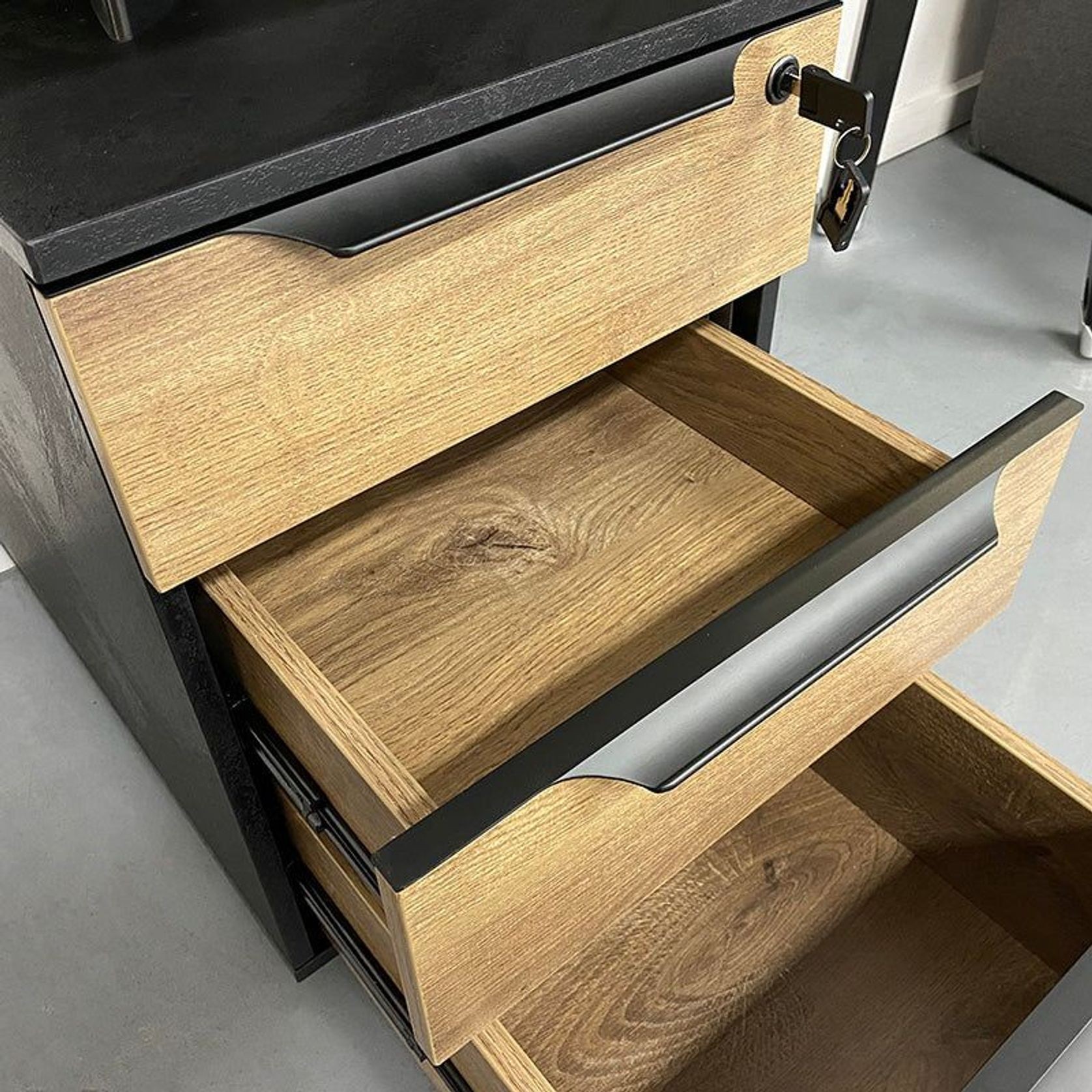 ARTO Single Workstation Desk with Right Cabinet 1.2M - Warm Oak & Black gallery detail image