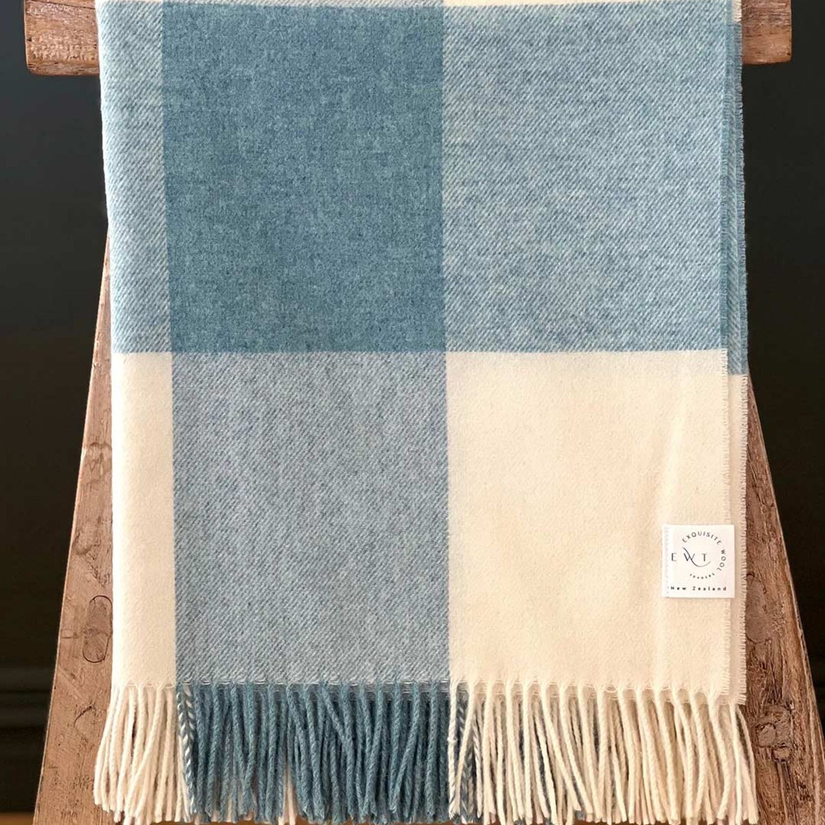 NZ Wool Throw - Checkboard, Aqua Blue | 100% Merino Wool gallery detail image